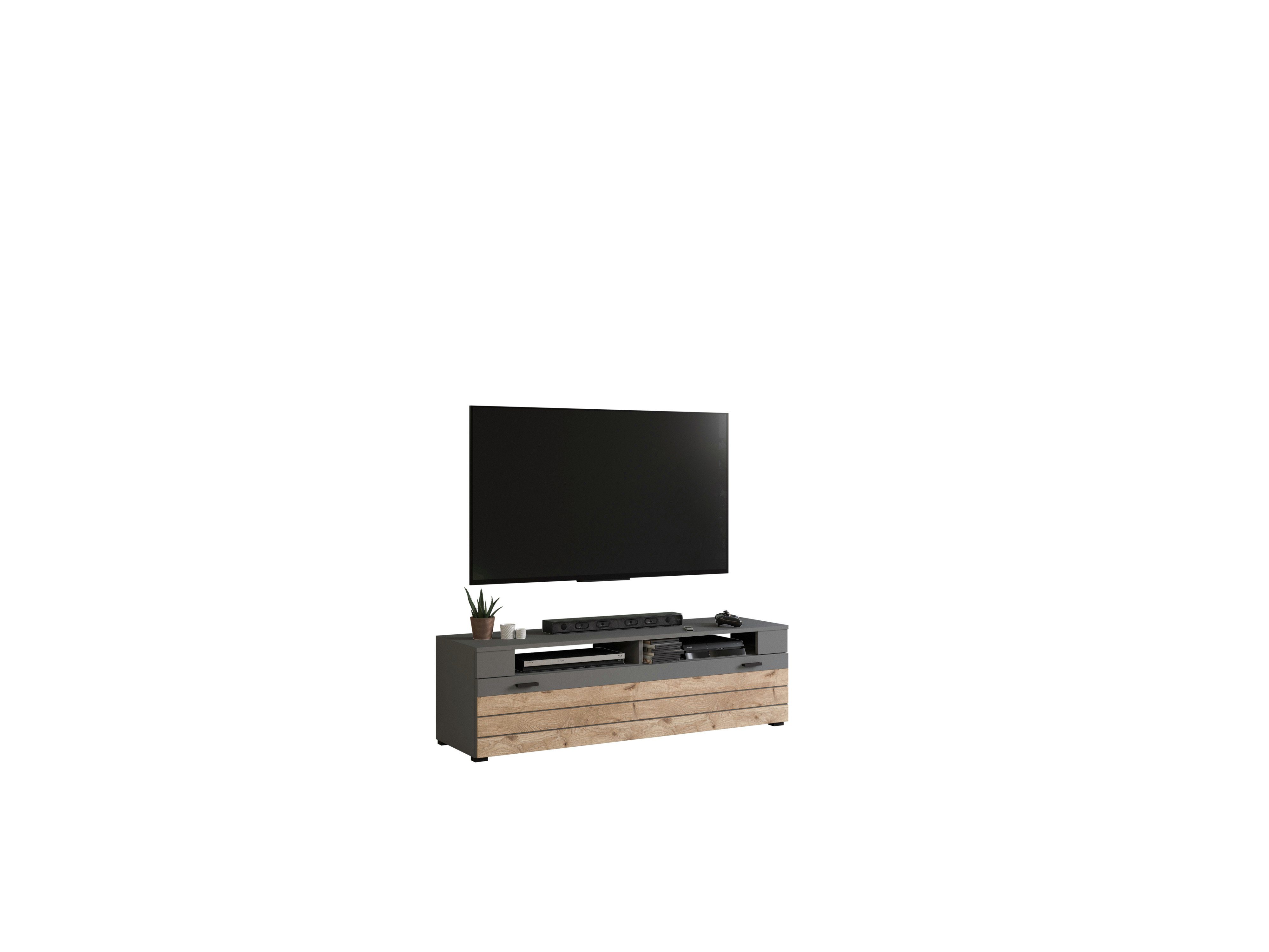 the kuup TV-Rack TV Lowboard Flach I Korpus & Fronten Matt Grau I Rahmen Nox Oak Eiche, Modell TK4