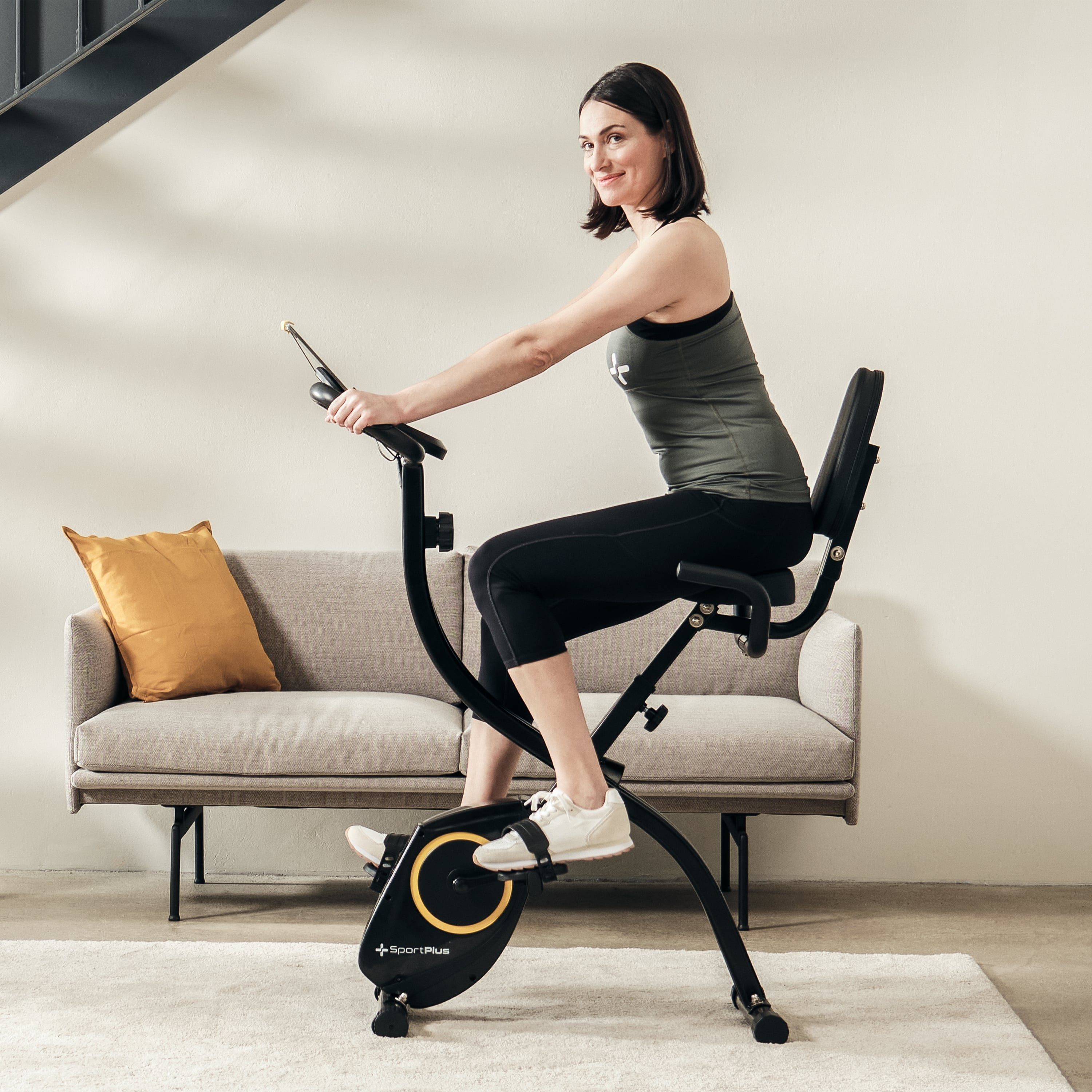 SportPlus Heimtrainer SP-HT-1300-B-iE, Heimtrainer, X-Bike, klappbar für Zuhause, Rückenlehne, 8 Stufen