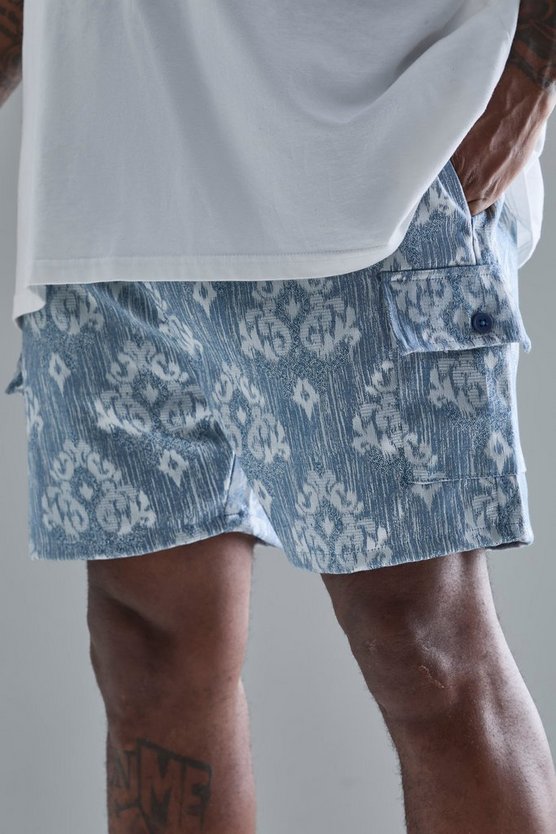 Plus blaue strukturierte Cargo-Shorts mit elastischem Bund