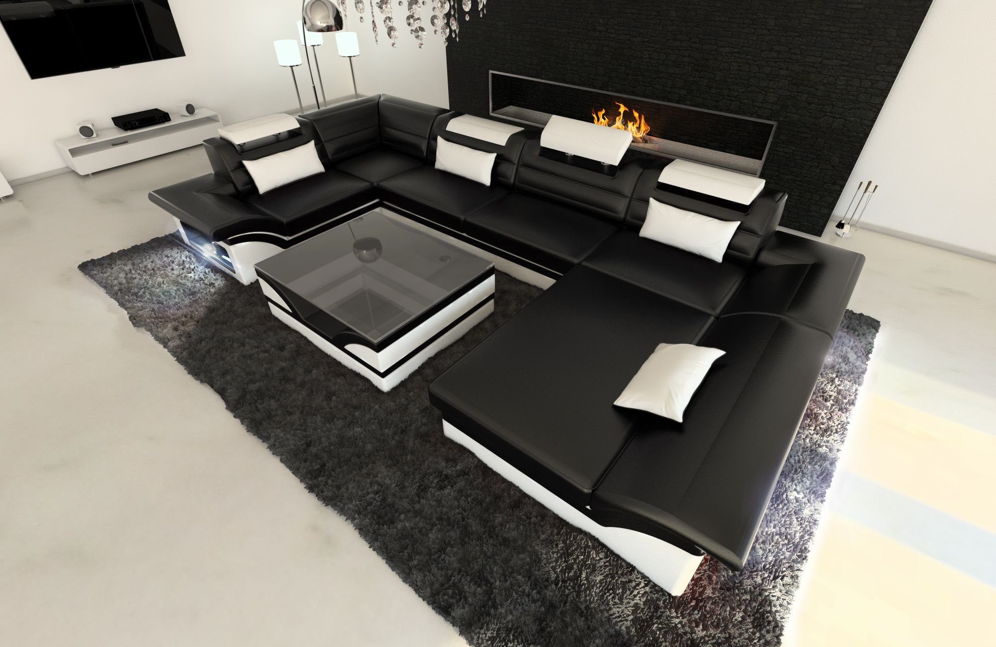 Sofa Dreams Wohnlandschaft Sofa Ledercouch Leder Enzo U Form Ledersofa, Couch, mit LED, wahlweise mit Bettfunktion als Schlafsofa, Designersofa