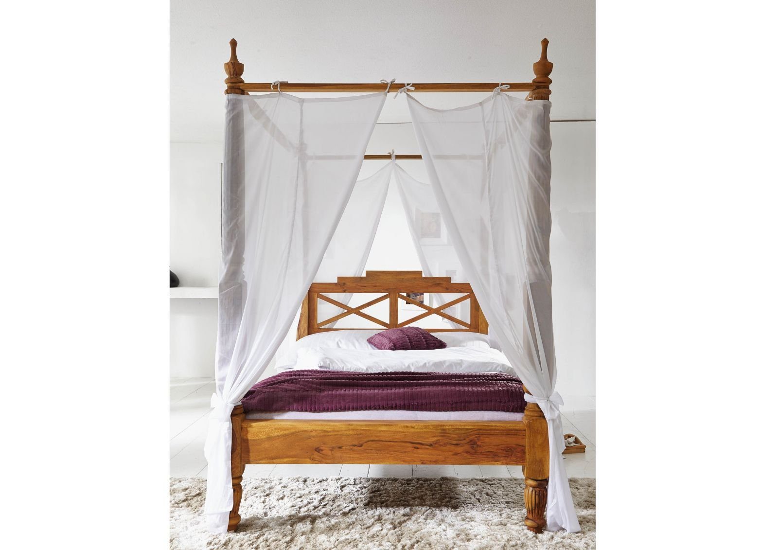 Massivmoebel24 Himmelbett Himmelbett Sheesham 160x200x224 braun geölt NATURE BROWN #531