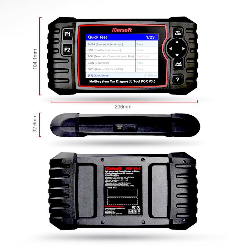 iCarsoft OBD2-Diagnosegerät POR V3.0 Universal Diagnosegerät für Porsche / Cayenne Fahrzeuge OBD2, TFT Farbbildschirm mit 10,16 cm (4 Zoll) Diagonale