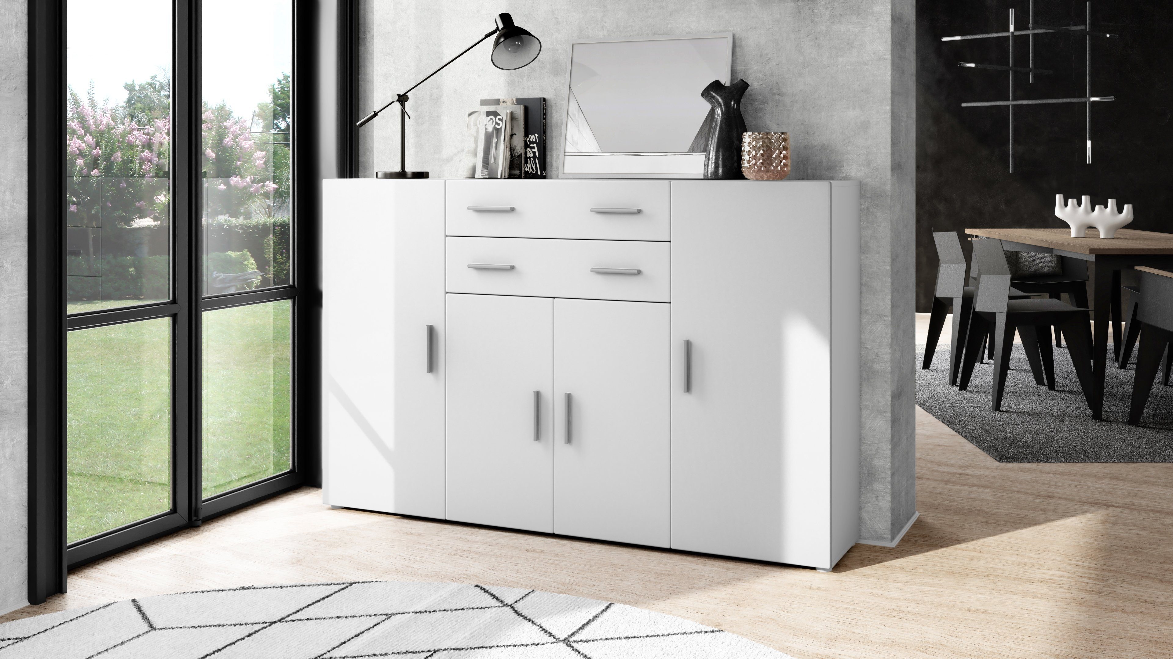 Vladon Highboard Aron (Anrichte, mit 4 Türen und 2 Schubladen), Weiß matt (166,5 x 106,5 x 35 cm)
