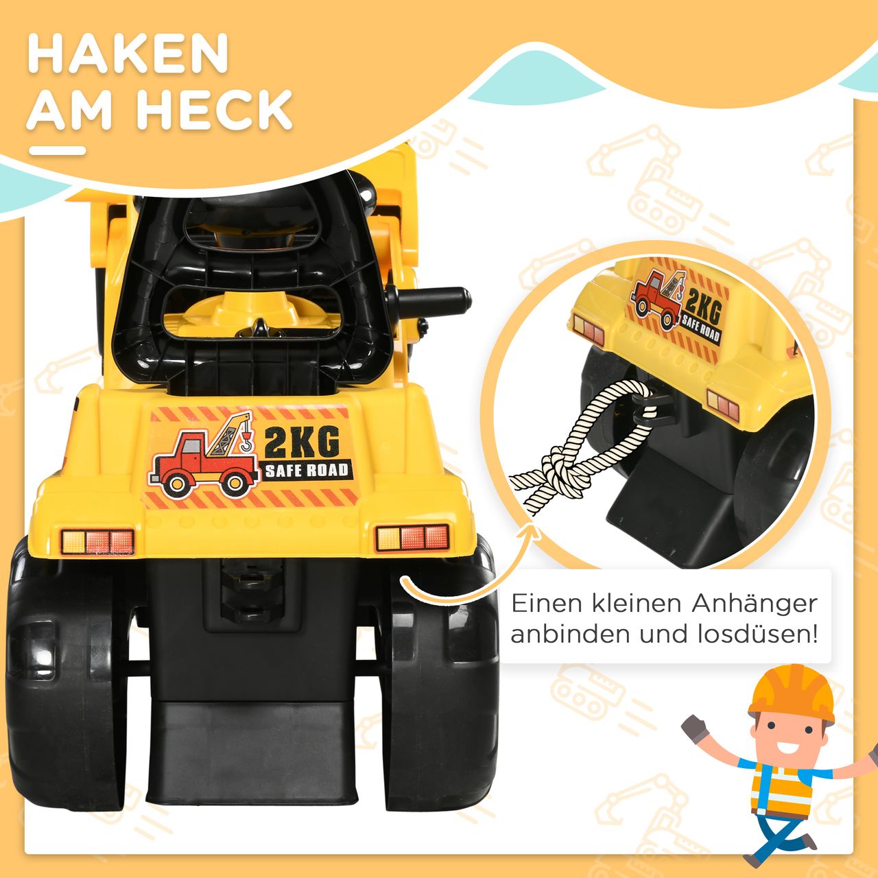 HOMCOM Sitzbagger Aufsitzbagger mit Schaufel, Hupe, für Kinder 3-4 Jahre