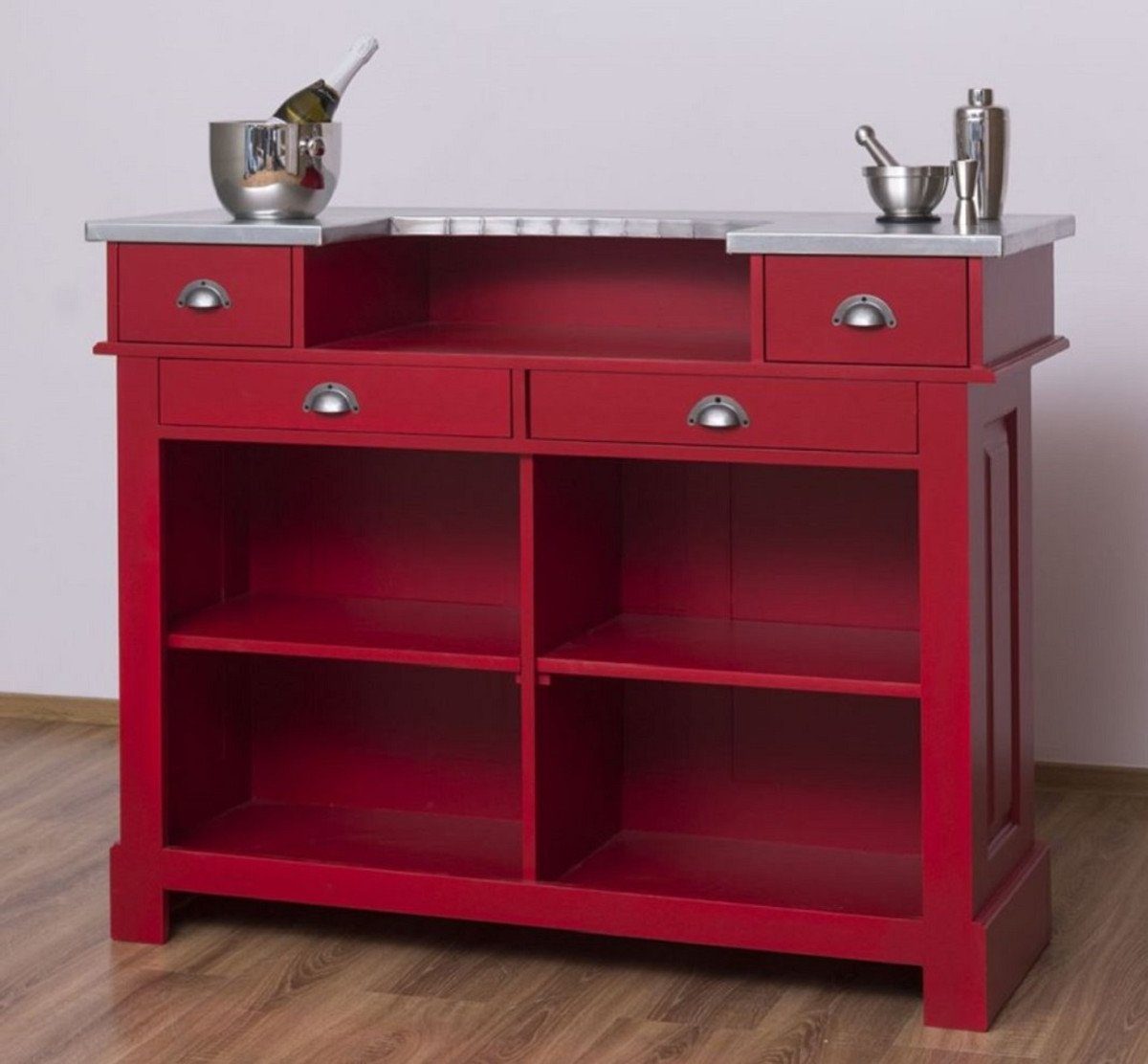 Casa Padrino Barschrank Landhausstil Theke Rot / Silber 140 x 51 x H. 107 cm - Massivholz Thekentisch mit verzinkter Tischplatte - Möbel im Landhausstil