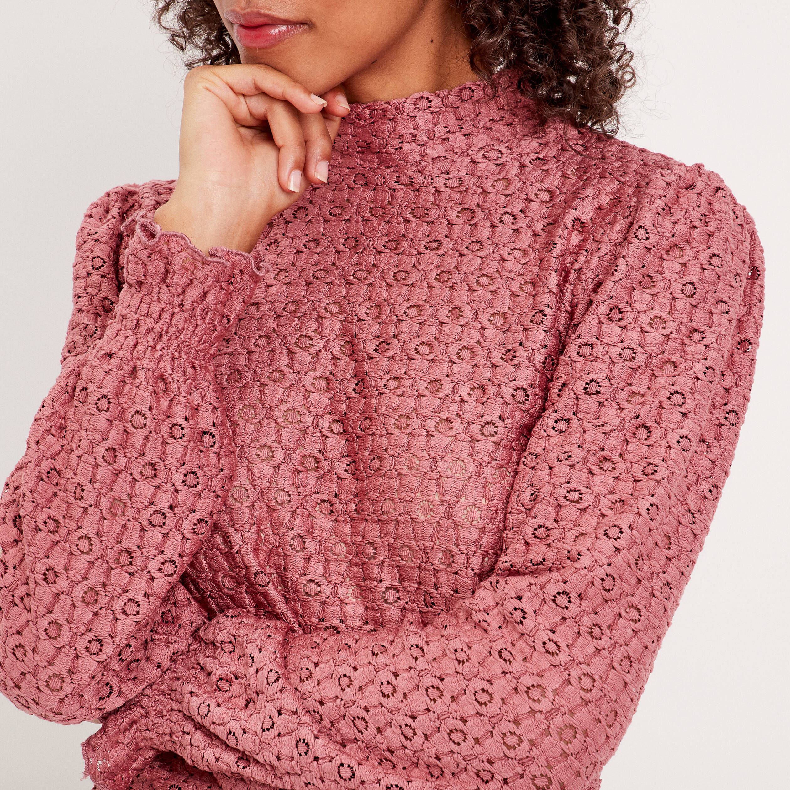 Blouse dentelle col montant rose femme | Cache Cache