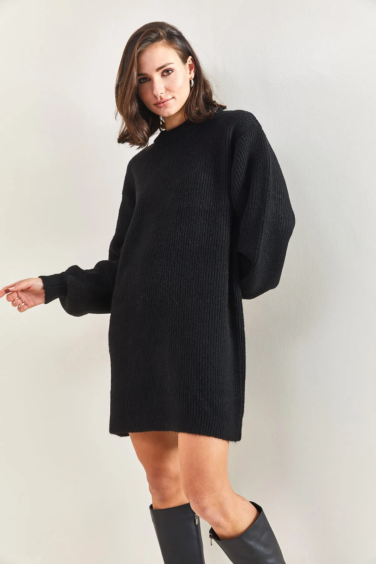 Bianco Lucci  Damen Ärmel Gemustertes Rippenstrick Tunika Pullover Kleid