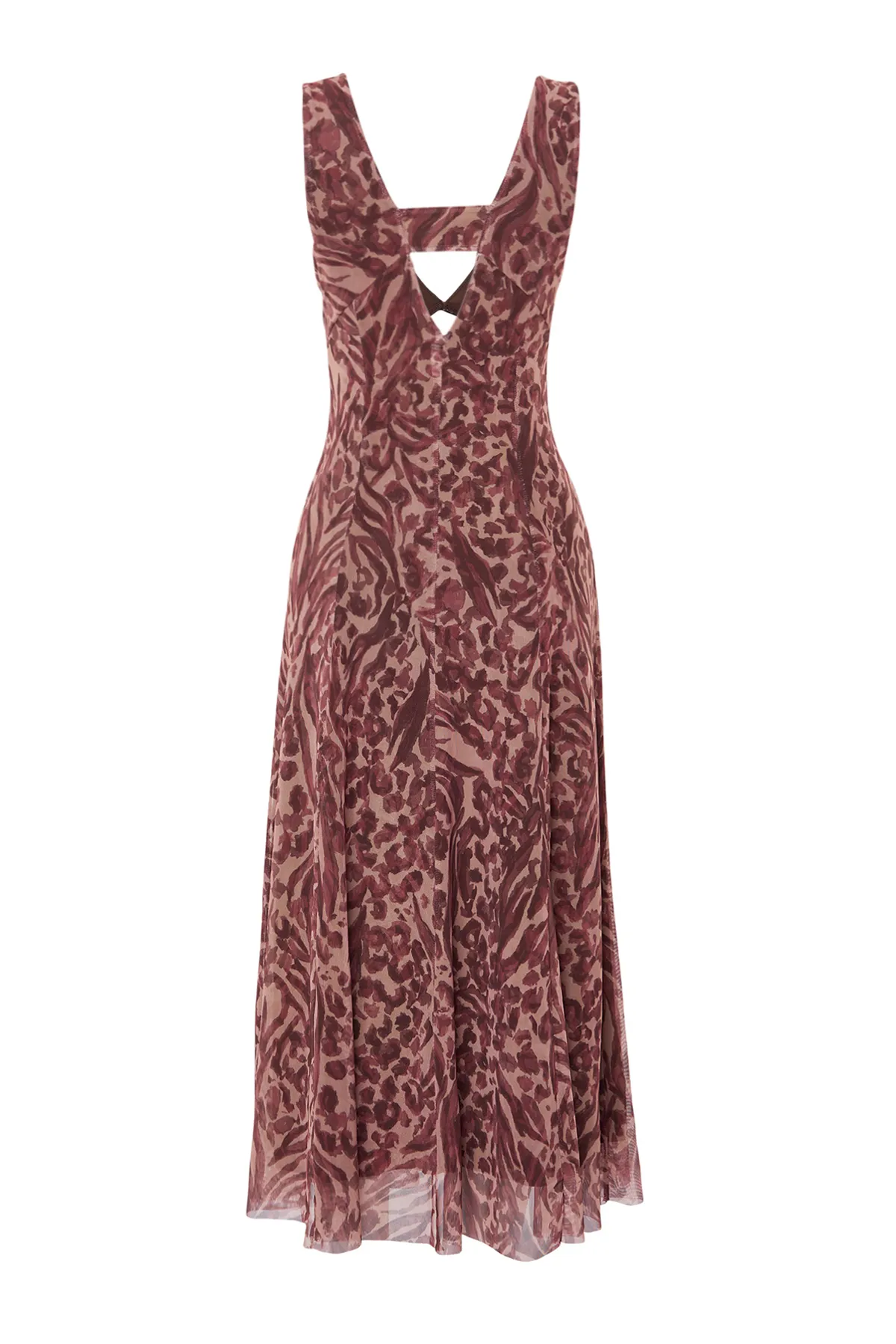 Trendyol Collection  Braunes Tüllkleid mit V-Ausschnitt und Blumen- und Leopardenmuster TWOSS24EL00384