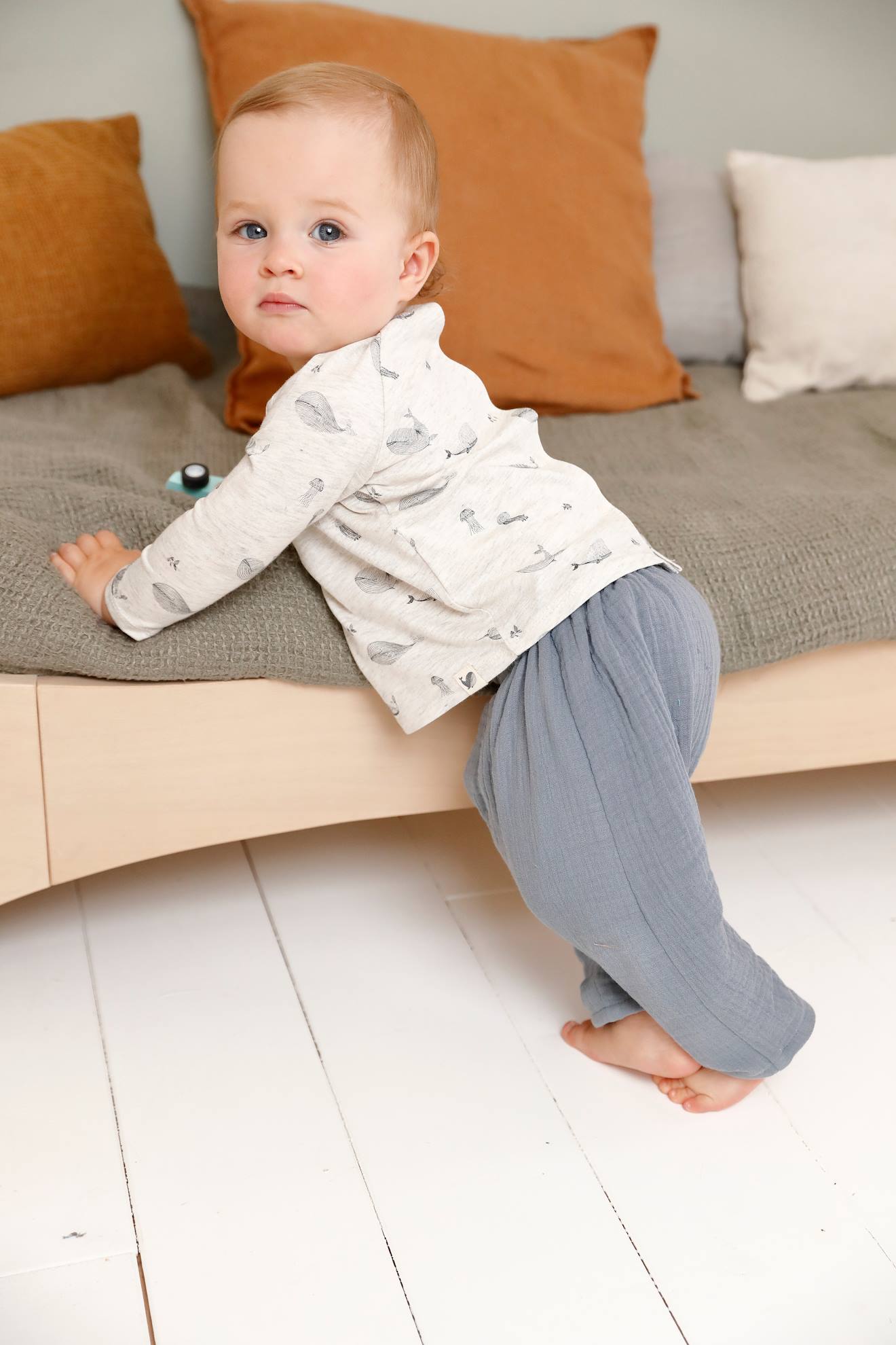 Pantalon en gaze de coton bébé doublure rayée naissance bleu gris