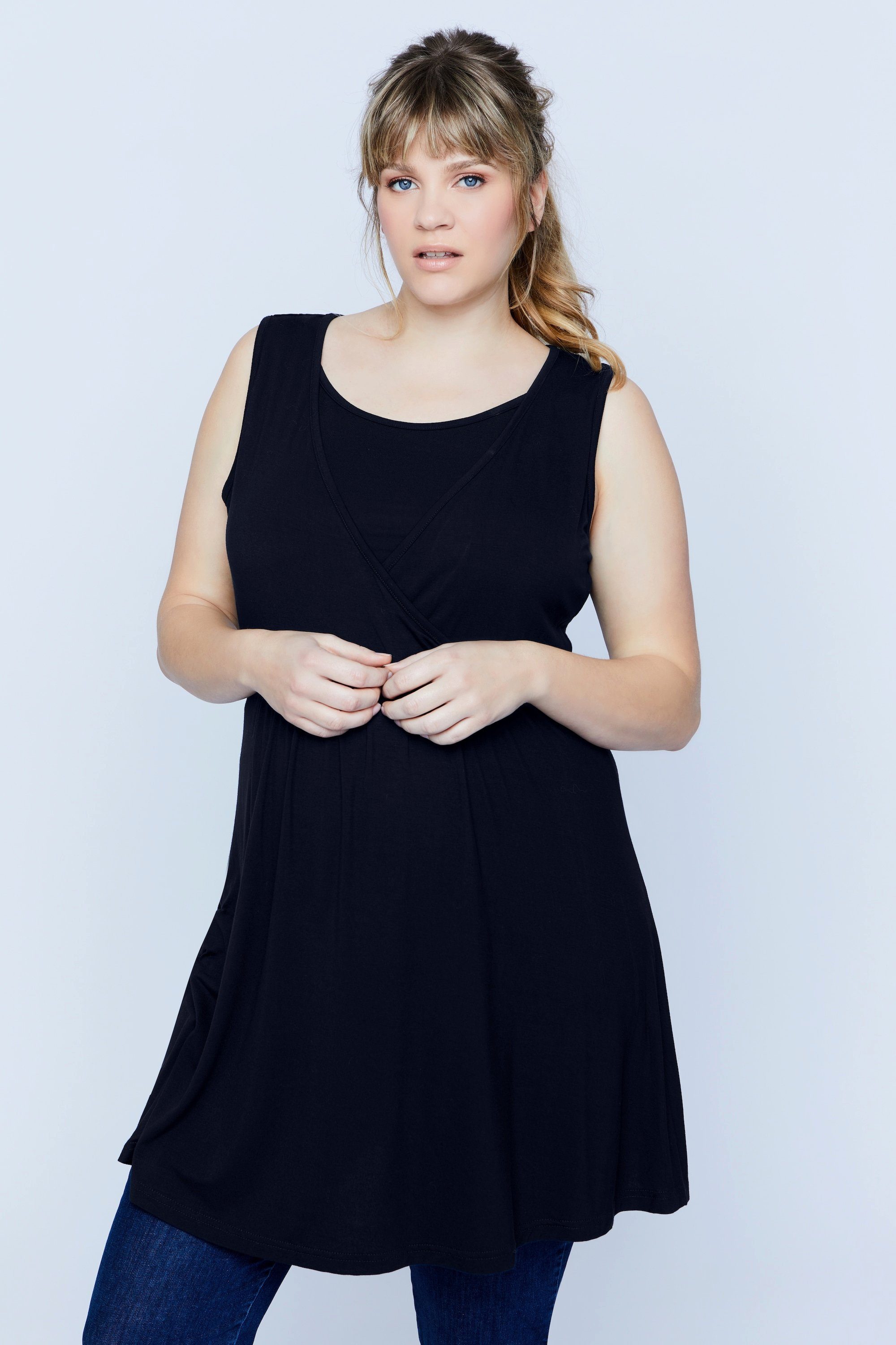 Ulla Popken Umstandsshirt Bellieva-Longtop Wickeloptik V-Ausschnitt ärmellos