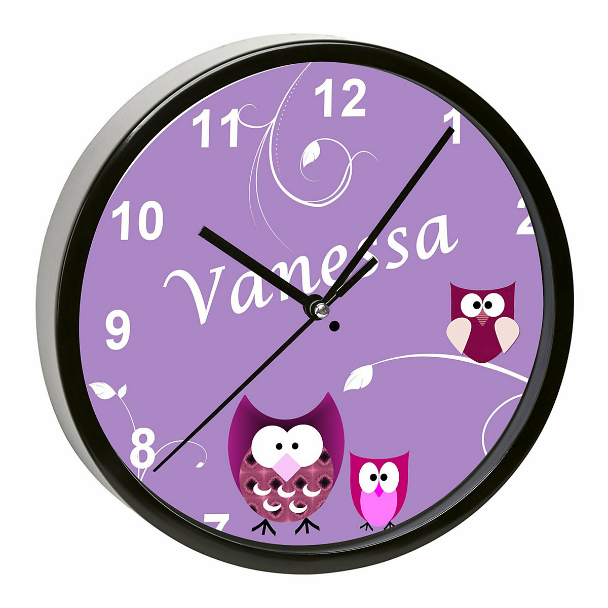 Kinder Wanduhr personalisiert mit Name Eule Lila
