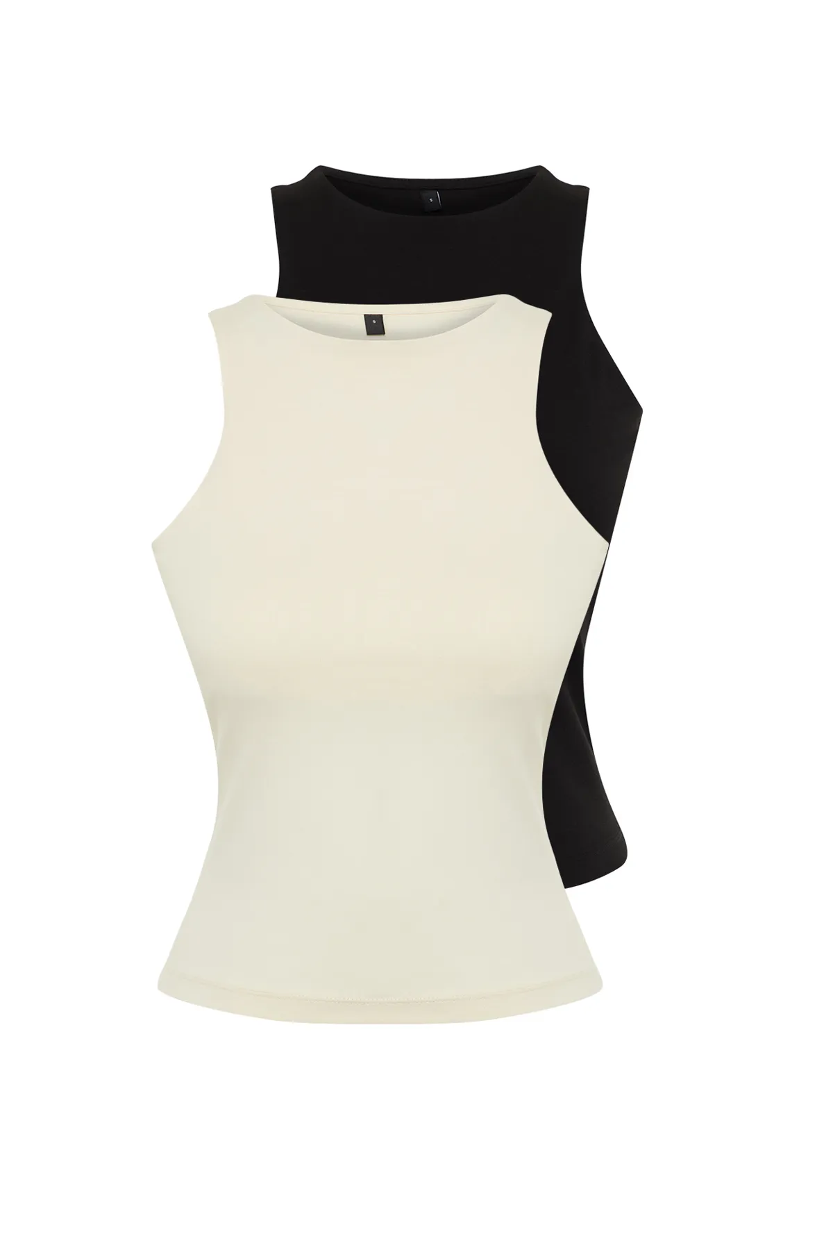 Trendyol Collection  Schwarz-Steinfarbenes, eng anliegendes/flexibles 2er-Pack gestricktes Tanktop aus Baumwolle mit Neckholderkragen TWOSS24AL00049
