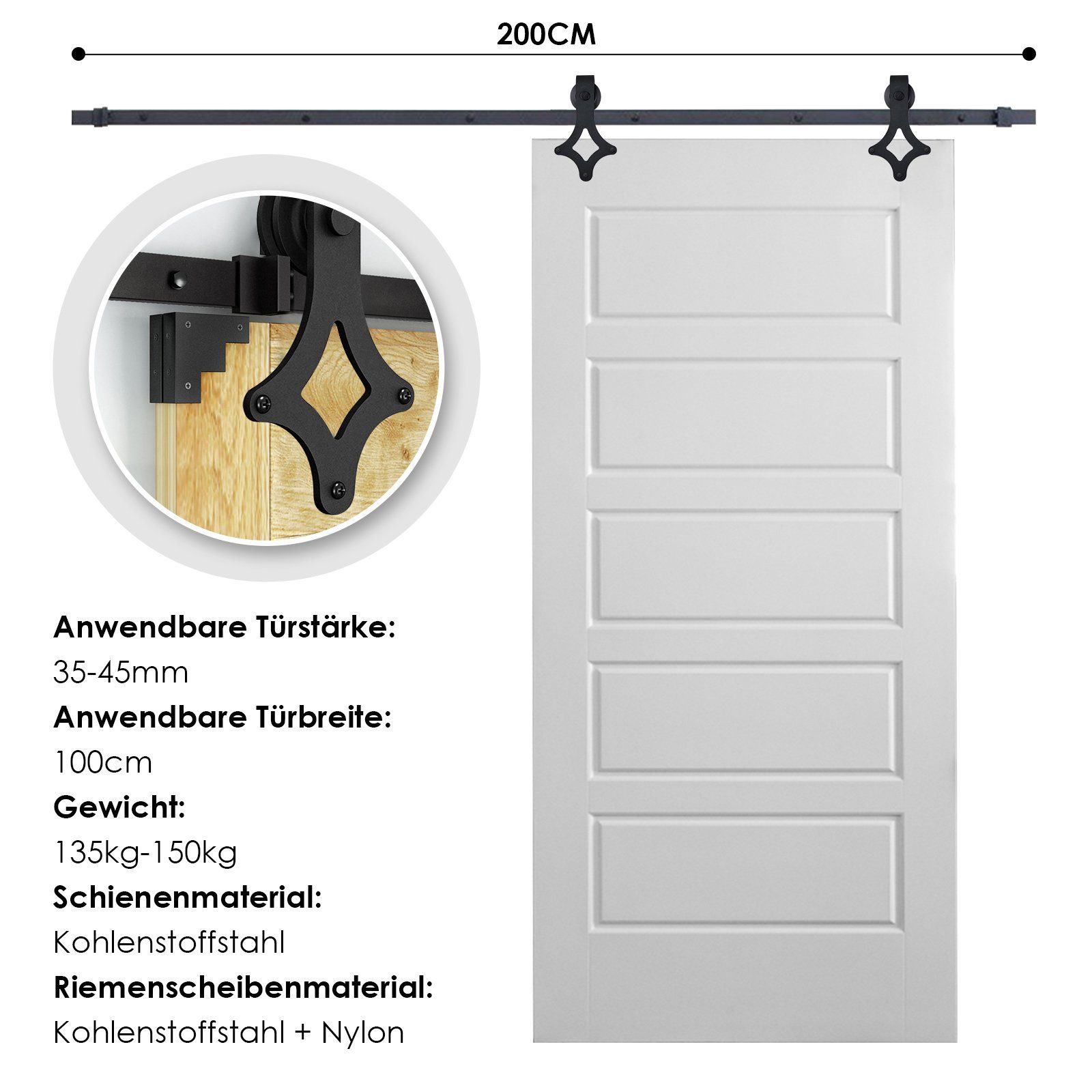 Clanmacy Schiebetür Schiebetür 200cm Schiebetürsystem Laufschiene Schiebetürbeschlag Set, 200cm