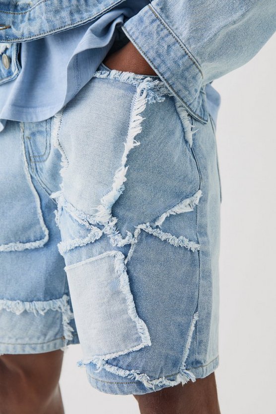 Hellblaue lockere Patchwork Jeansshorts