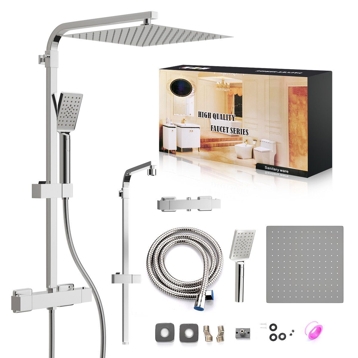 MULISOFT Duschsystem Duschset Regendusche mit Thermostat Edelstahl 30*30cm Regenduschkopf, Höhe 72 cm, 2 Strahlart(en), Brausegarnitur Duschkopf mit Schlauch,Duschstange,Duschsäule Duschset