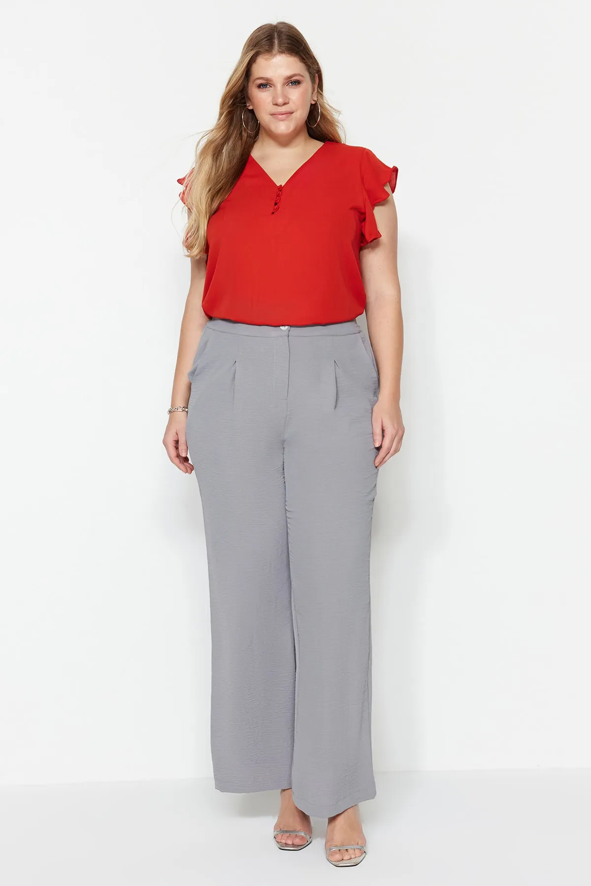 Trendyol Curve  Grau melierte, hoch taillierte, plissierte Webhose TBBSS22PL0448