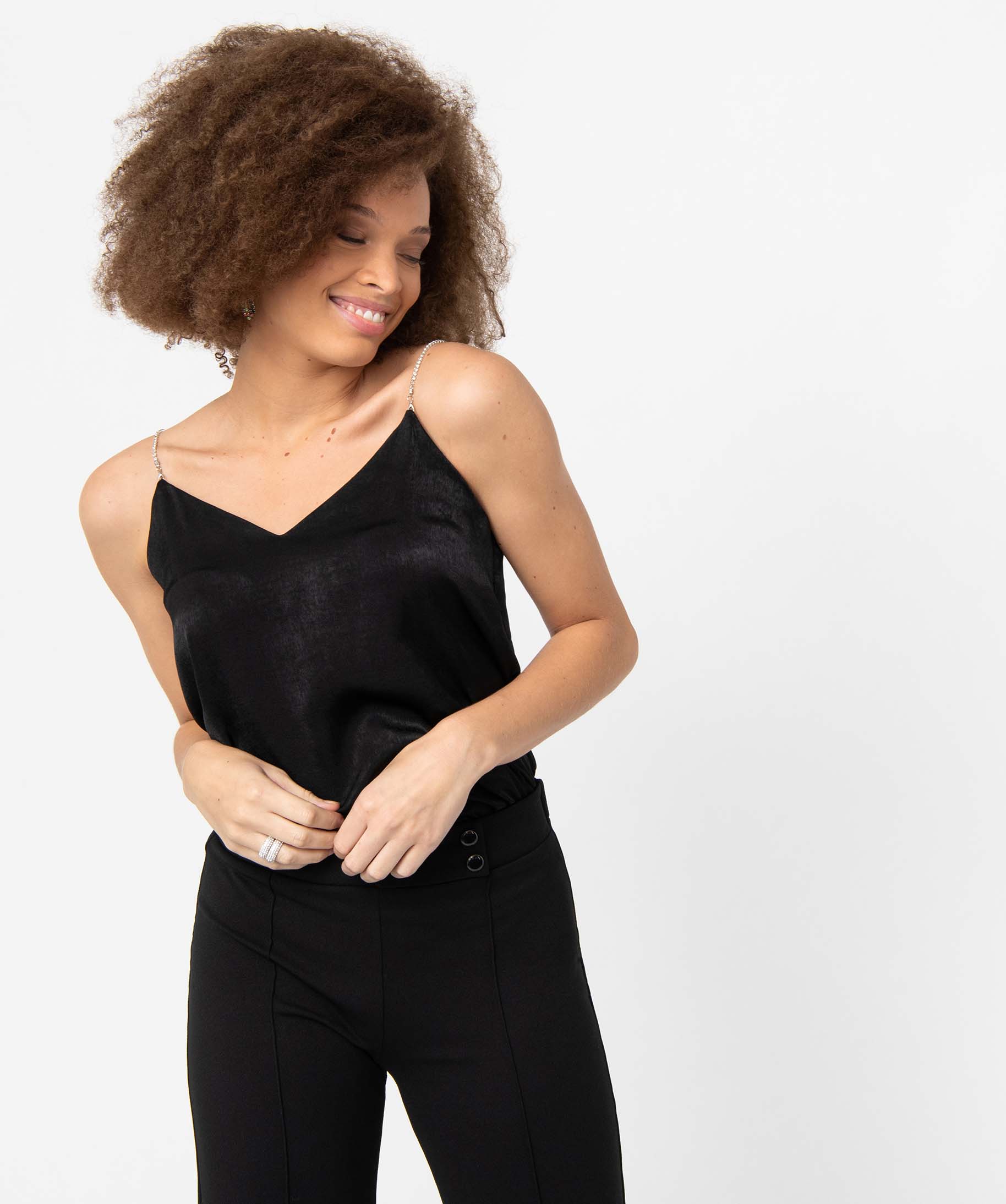Débardeur femme à bretelles strass noir | GEMO