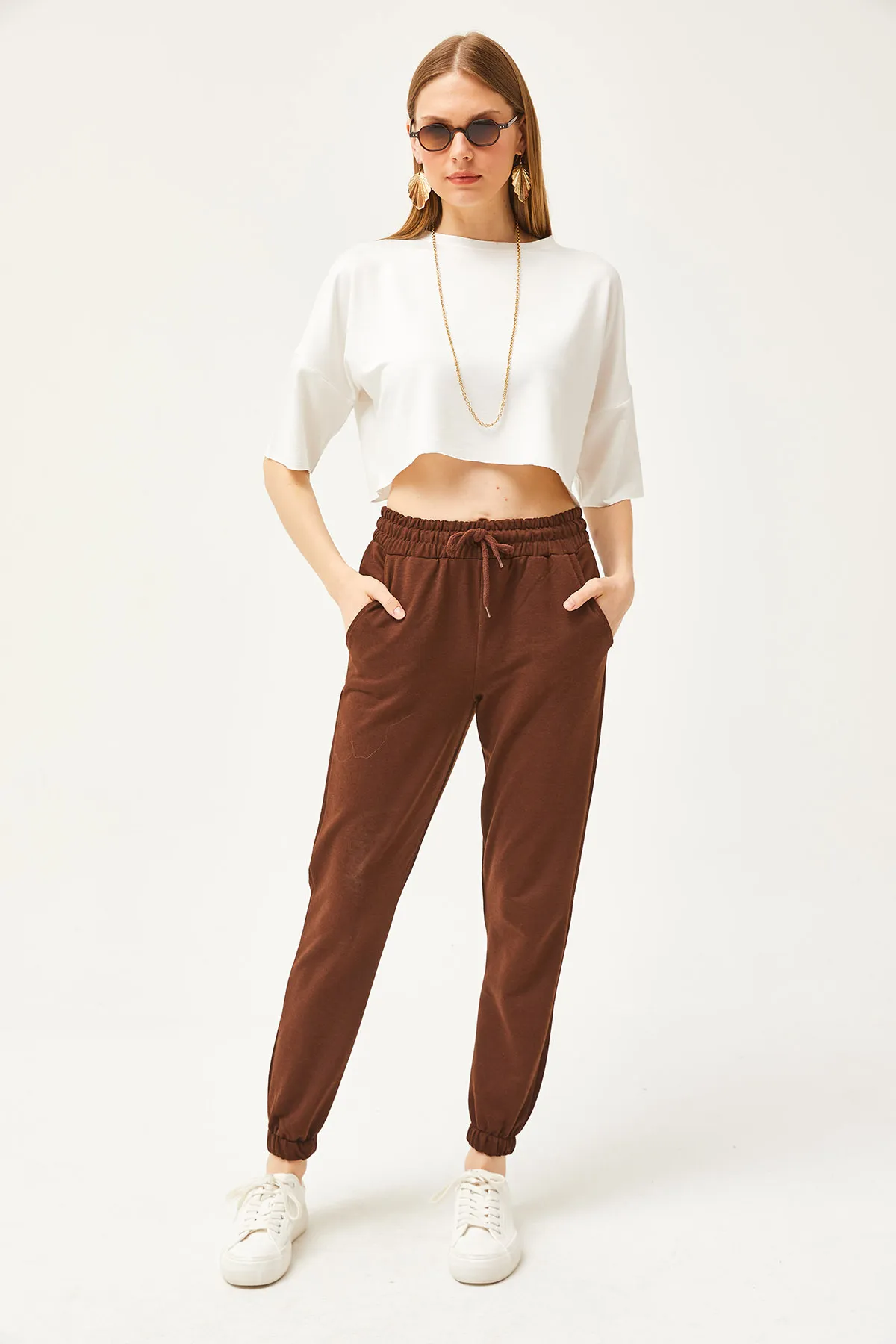 Olalook  Bitter Brown Damen-Jogginghose mit Taschen und elastischem Bund EŞF-00000066