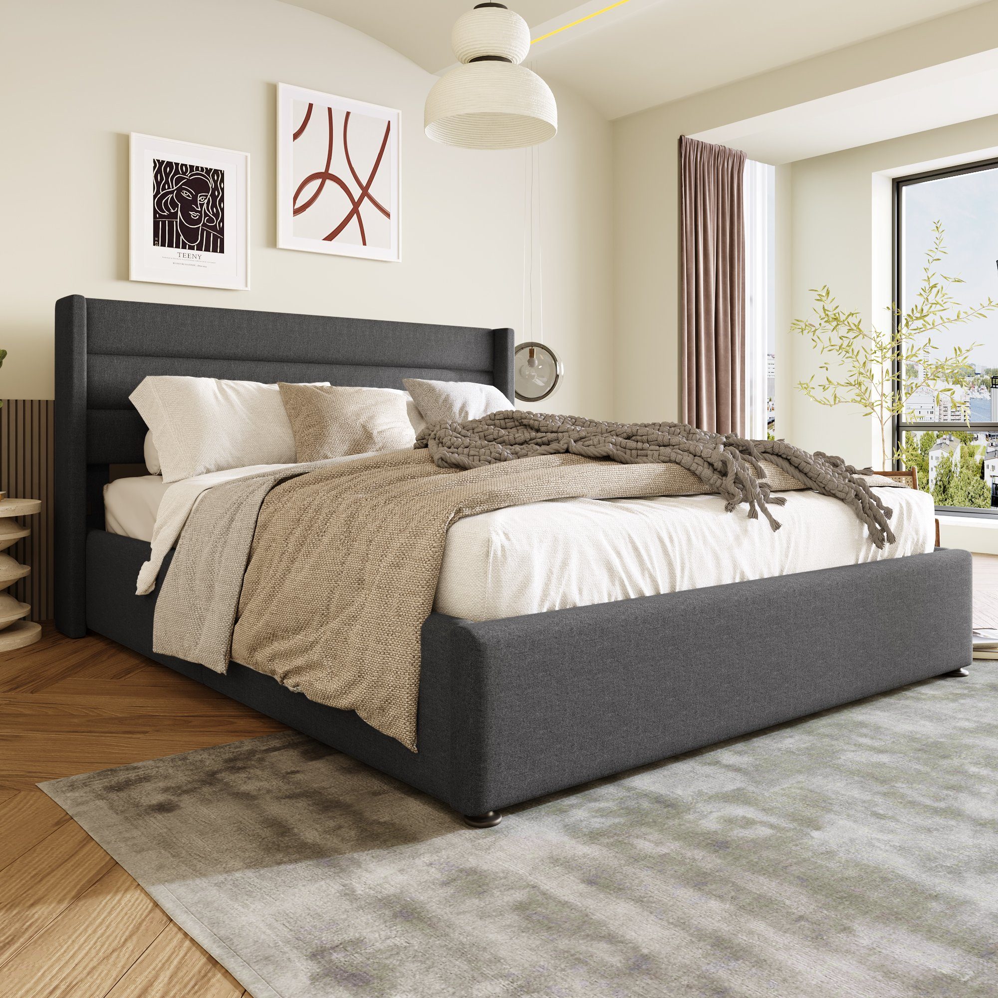 PHOEBE CAT Boxspringbett (Funktionsbett, Doppelbett Hydraulisches Bett mit Lattenrost), Polsterbett Stauraumbett 140x200 cm, Lattenrost aus Holz, Leinen