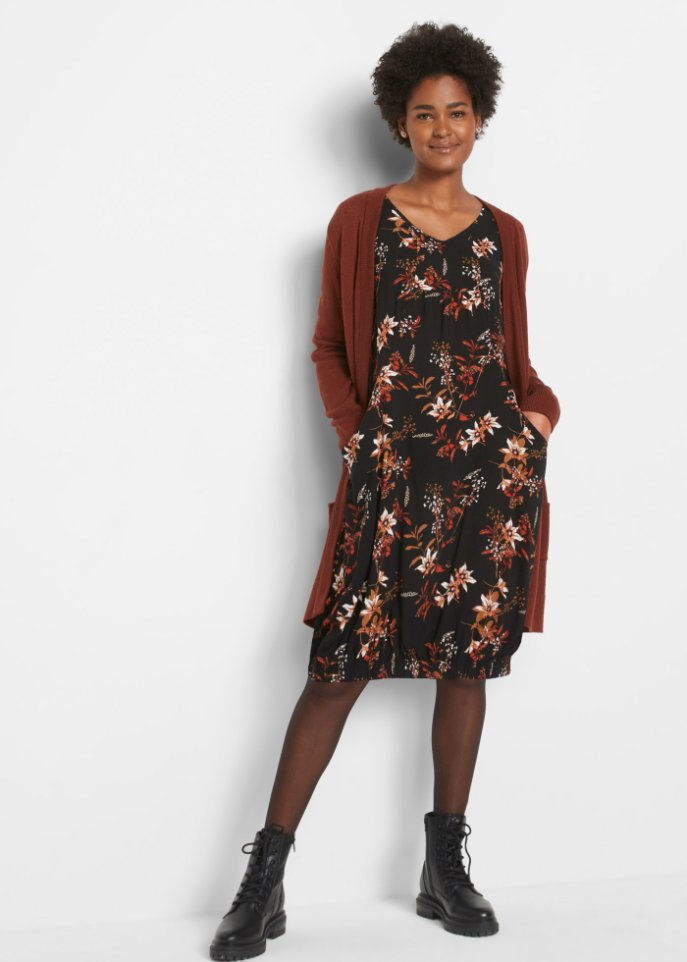 Viskose-Web-Kleid mit Taschen in O-Form, kniebedeckend