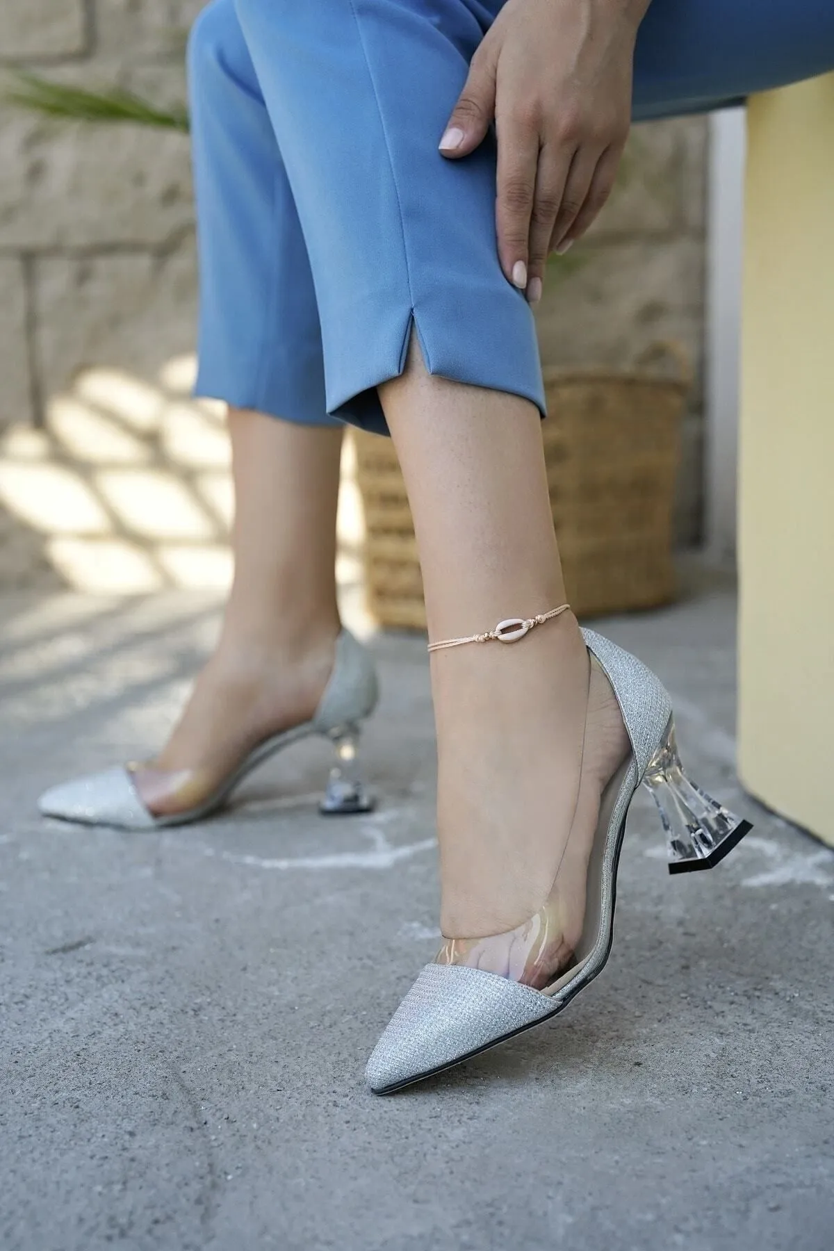 Modafırsat  Damen-Schuhe mit transparentem Absatz, silberfarben, transparent, Stiletto-Stil, für Hochzeit, Abschlussfeier, Verlobung, Alltag, Absatz 8 cm
