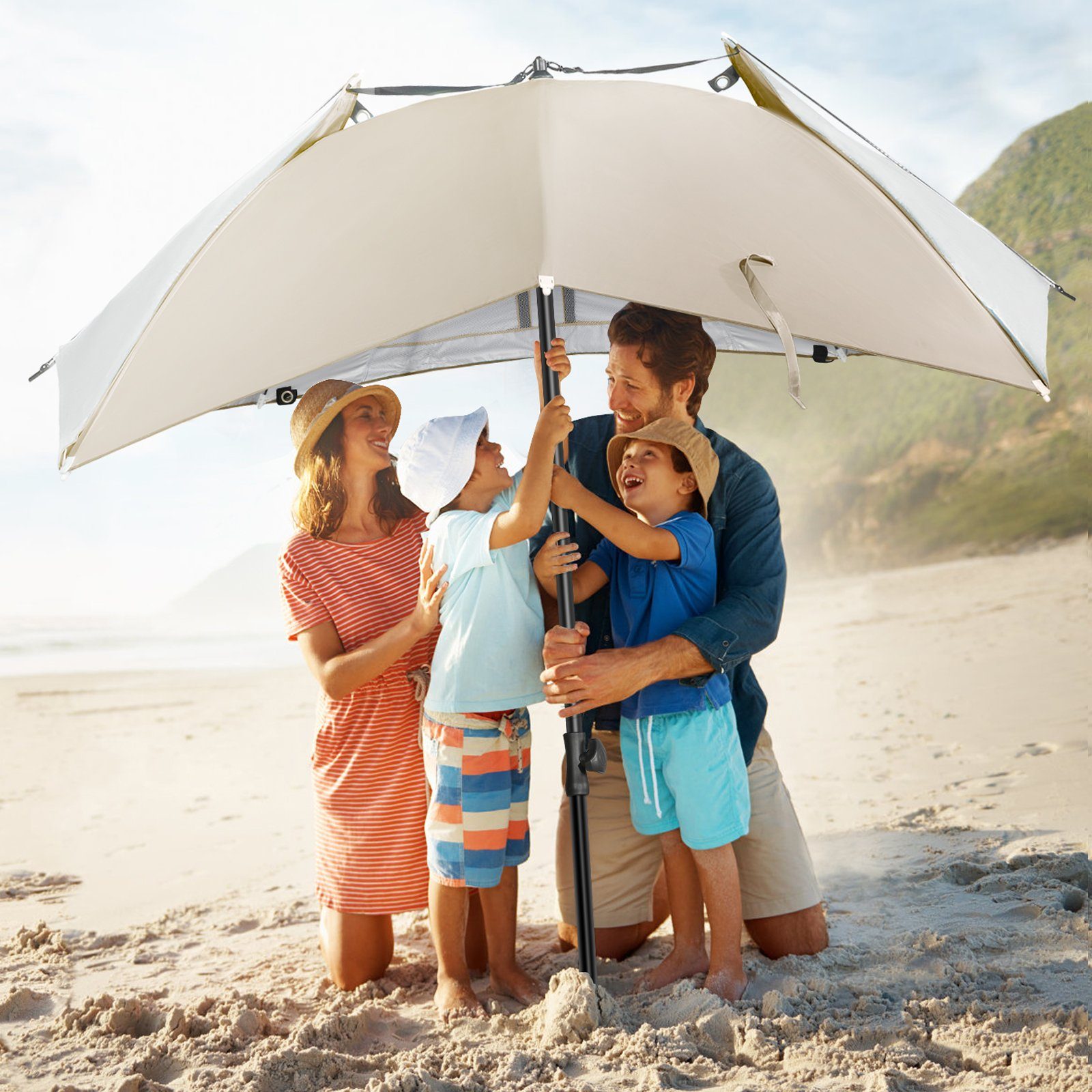 HOMECALL Strandmuschel mit umbrella system UV-resistentes 50+ Khaki, Umfunktionieren zum Sonnenschirm Strandschirm, für 2-3 Personen