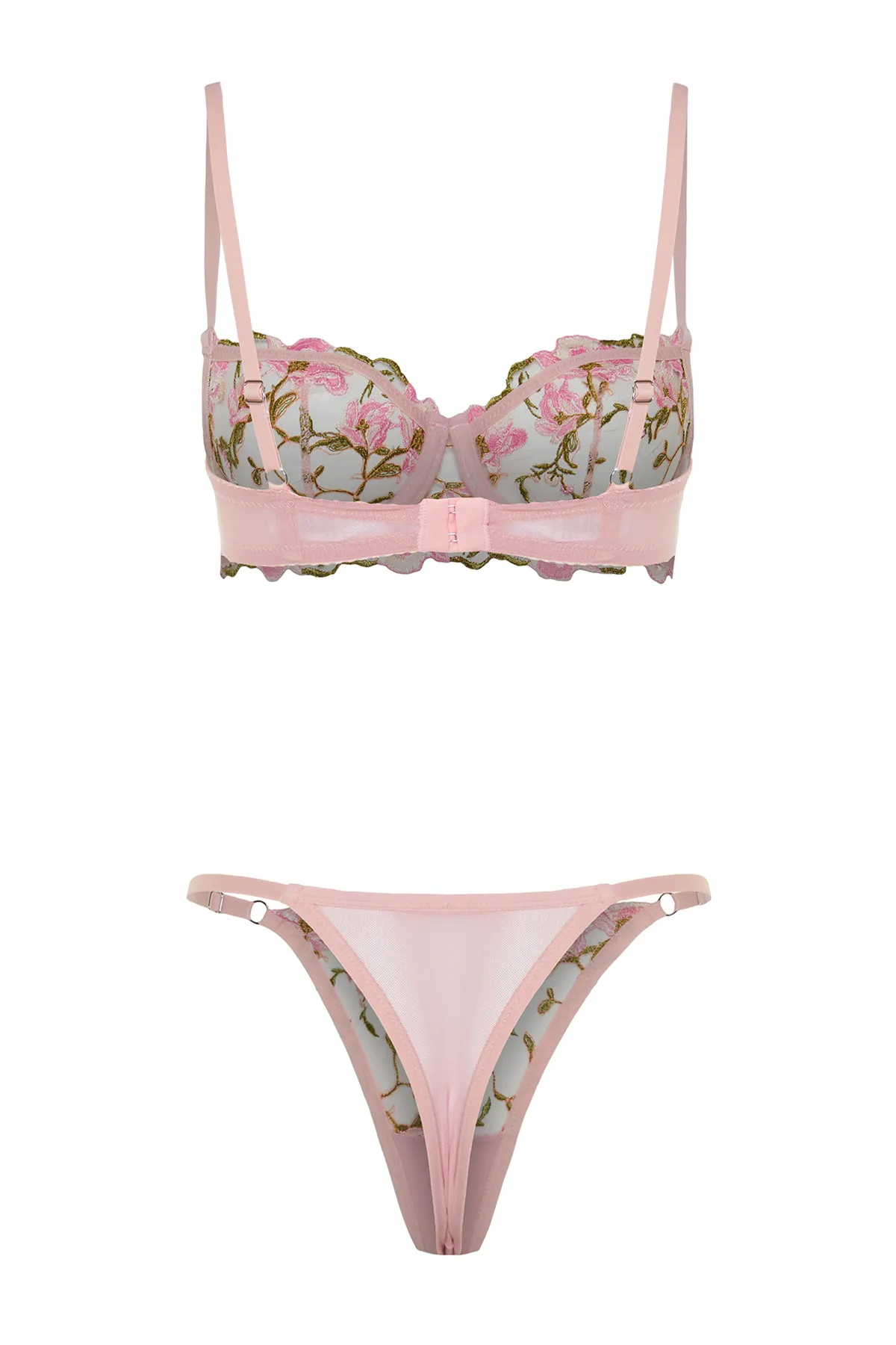 Trendyol Collection  Rosa florales, gestricktes Dessous-Set mit Kordelriemen und ohne Kappe THMSS24CC00011