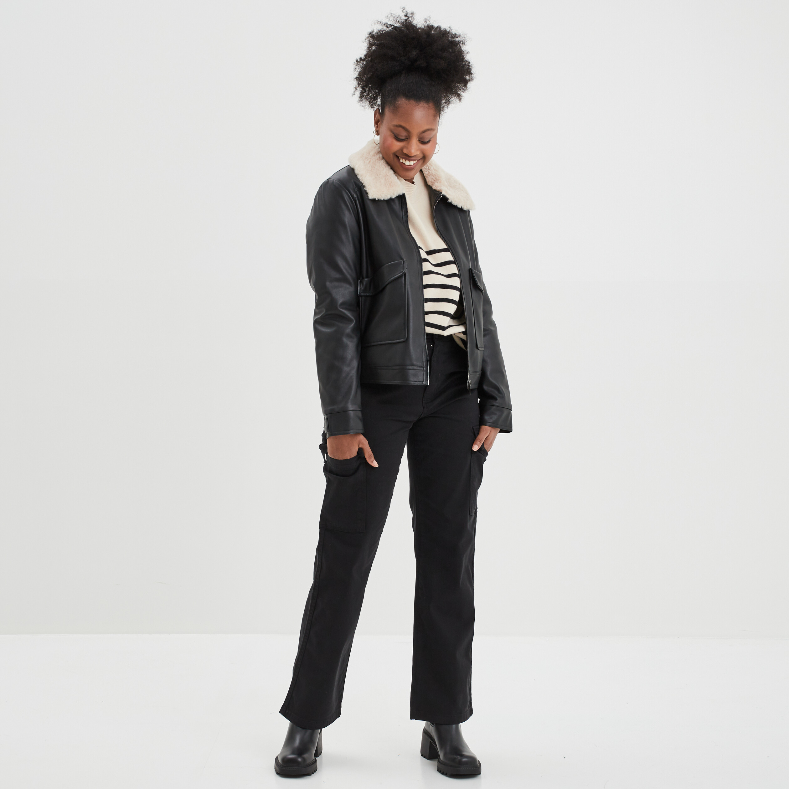 Veste simili cuir col aviateur noir femme | La Halle
