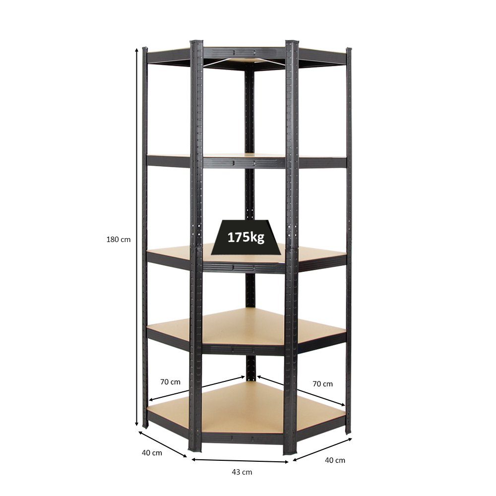 PROREGAL® Eckregal Eckregal Ragnar, HxBxT 180x70x40 cm, Fachlast 175kg, Schwarz, Traglast von 175 kg pro Ebene bzw. Gesamttraglast von 875kg je Regal