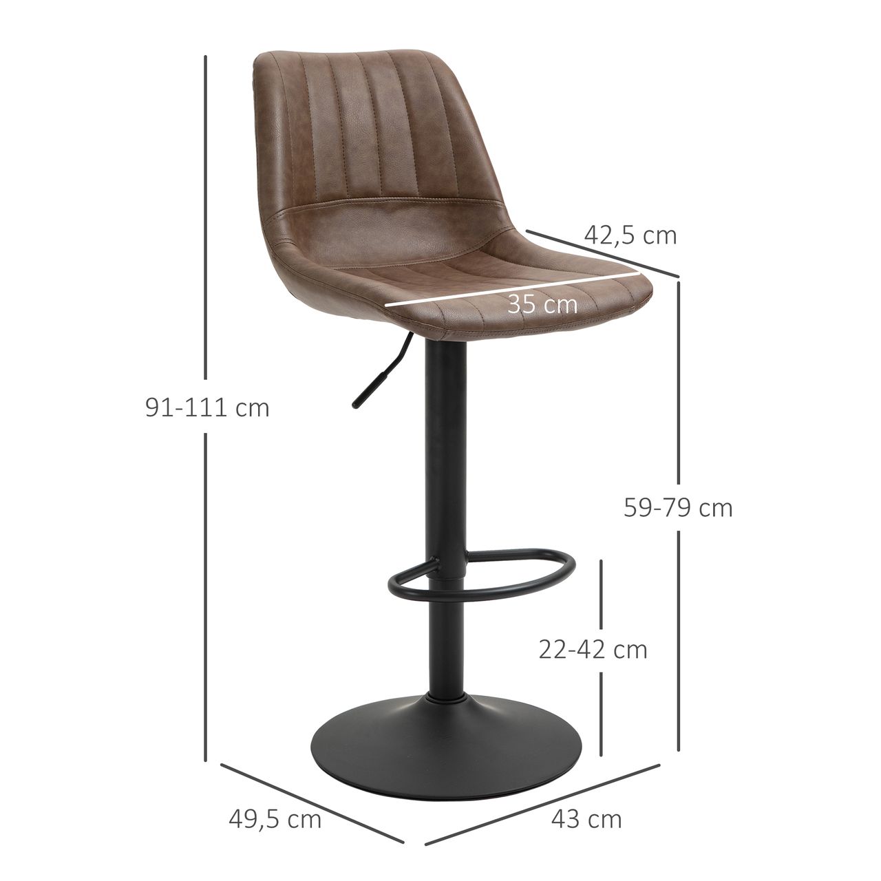 HOMCOM 2er Set Barhocker 91-111 cm Höhenverstellbarer Küchenhocker mit Fußring