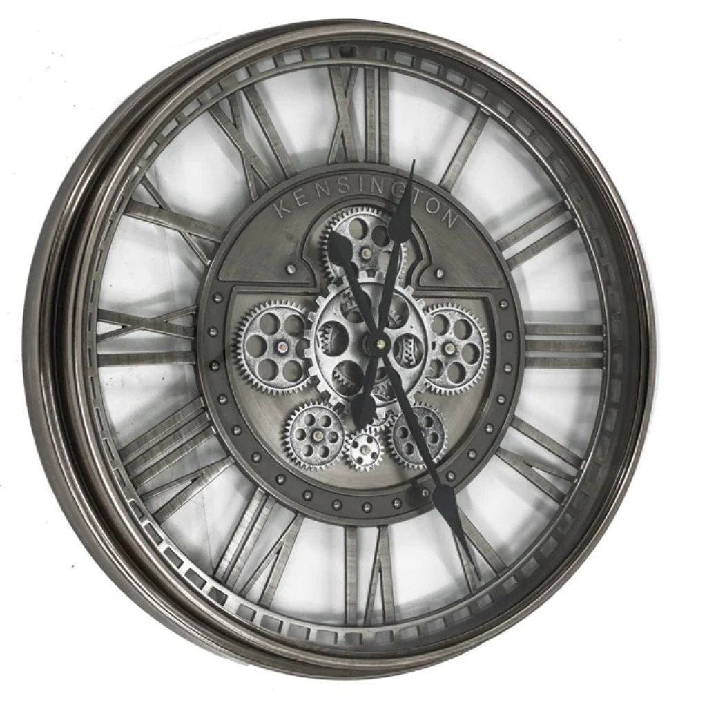 Countryfield Wanduhr KENSINGTON 55 cm Wanduhr Zahnrad Zählwerk Animation silber grau (Drehende Zahnräder)