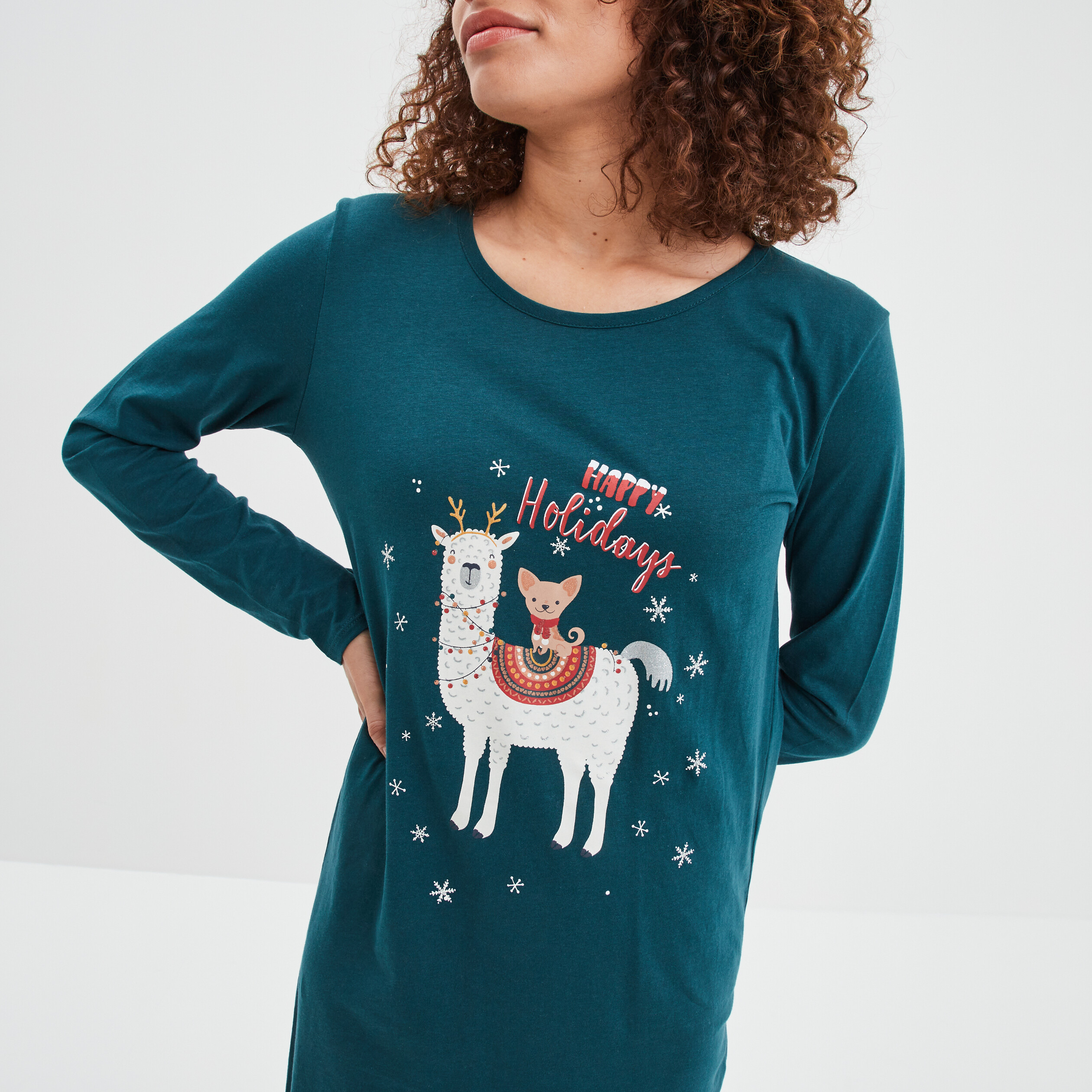 Chemise de nuit manches longues coton vert canard femme | La Halle
