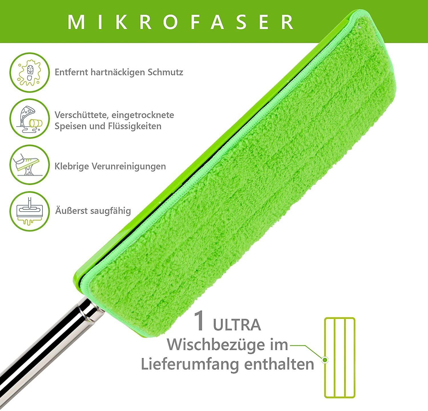 Easy Gleam Wischmopp Bodenwischer Ersatzpad Für Wischmop Mit Putzeimer Geeignet, Erastzpads für Wischmop, Grn 2X