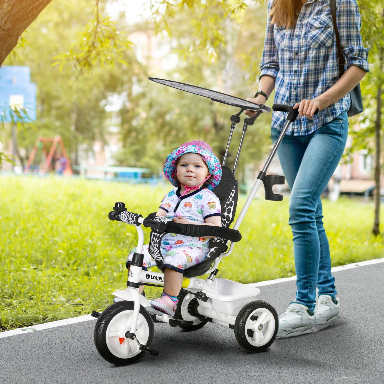 HOMCOM 6-in-1 Dreirad mit Schubstange, Kinderdreirad mit Sonnendach, Korb,  Weiß