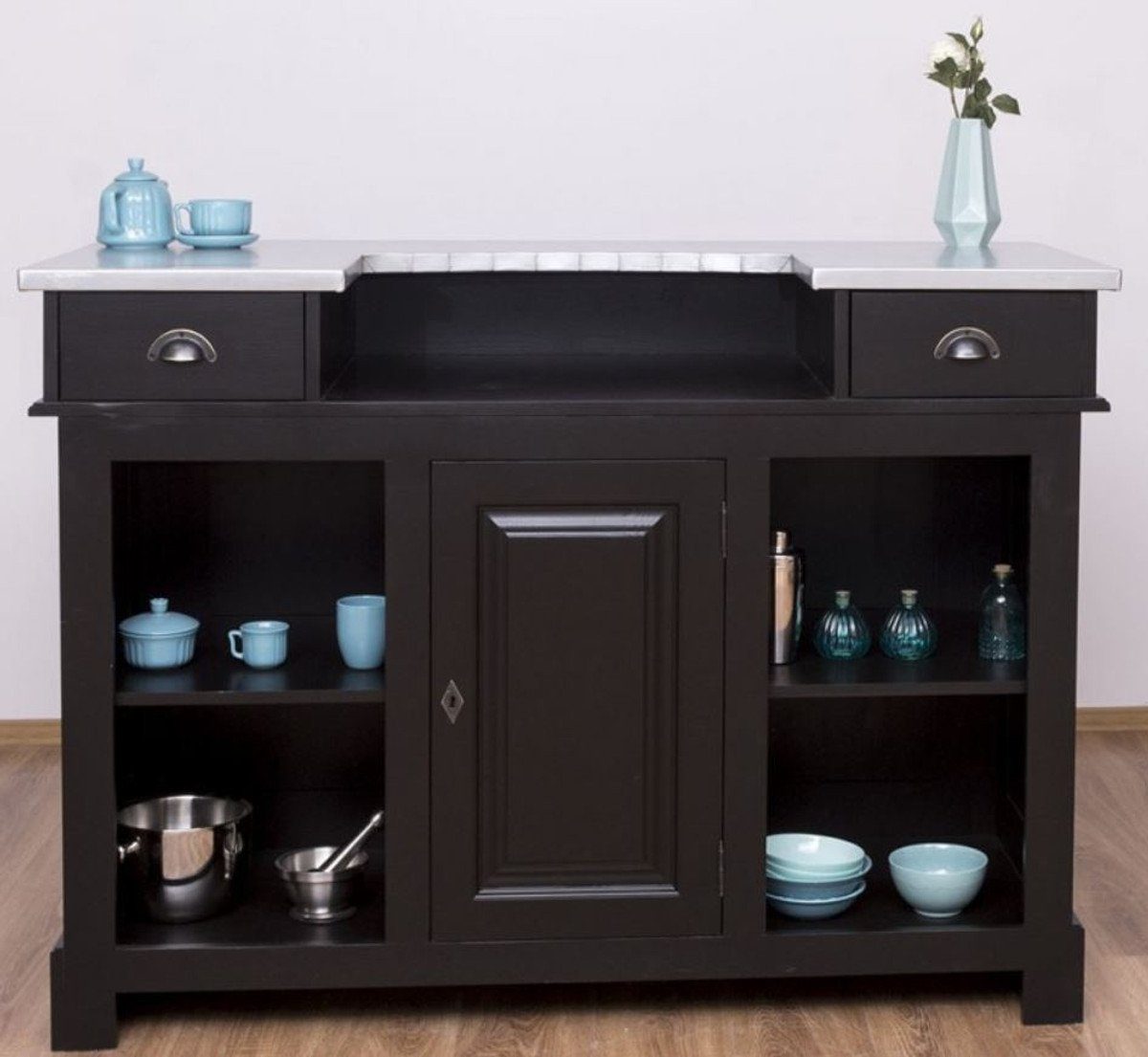 Casa Padrino Barschrank Landhausstil Theke Schwarz / Silber 150 x 65 x H. 107 cm - Massivholz Thekentisch mit verzinkter Tischplatte - Barmöbel im Landhausstil