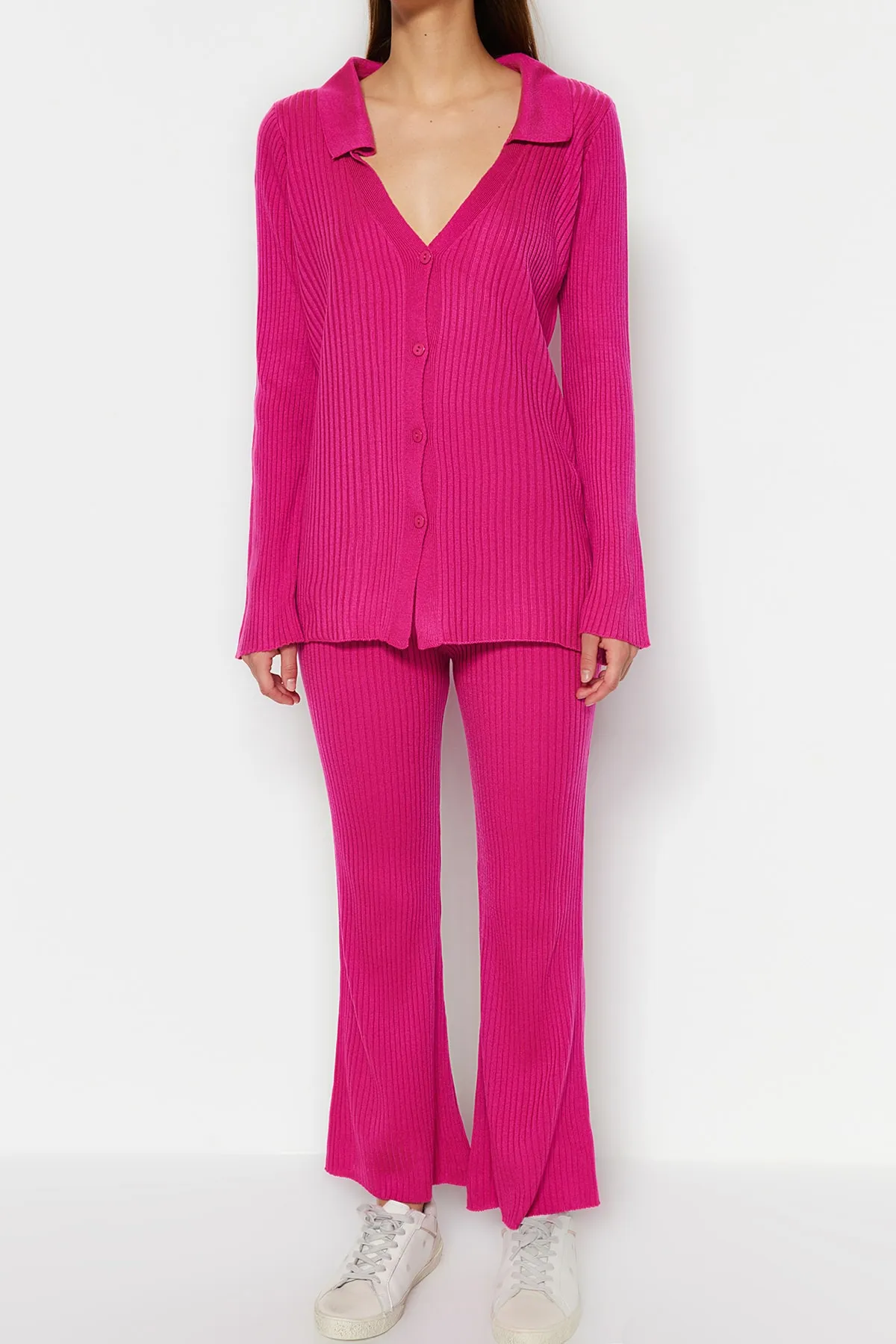Trendyol Collection  Fuchsia Basic Strickoberteil und -unterteil im Set mit Polokragen TWOAW23AU00007
