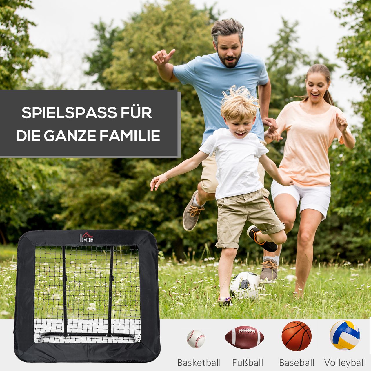 HOMCOM Fußball Rebounder klappbar Kickback Tor Rückprallwand Netz für Baseball Basketball Volleyball Verstellbar in 5 Stufen Stahl Schwarz 128 x 118 x 108-120 cm