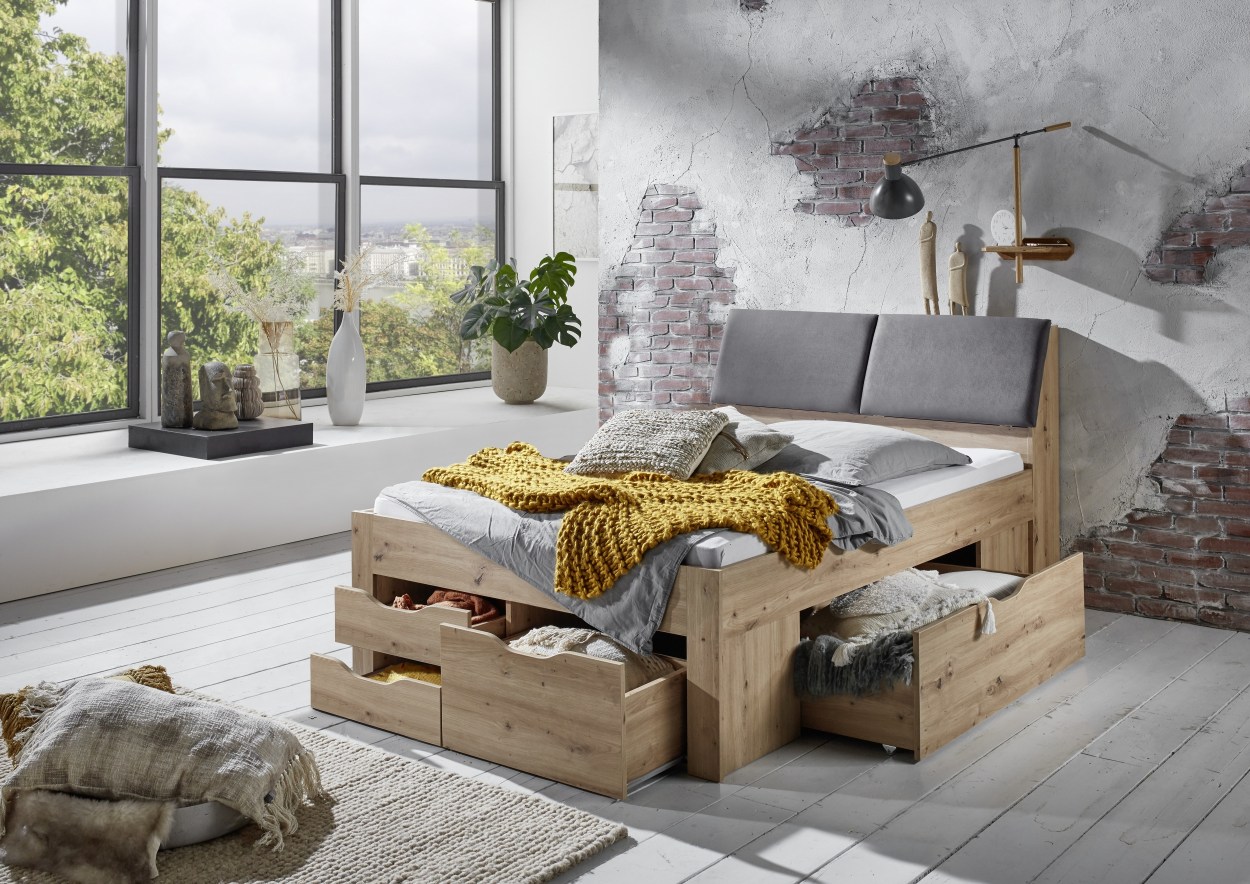 Relita Funktionsbett Maxi 140 x 200 cm, mit Rolllattenrost mit 5 Bettschubladen und Stauraum-Polster-Kopfteil Eiche Artisan Dekor