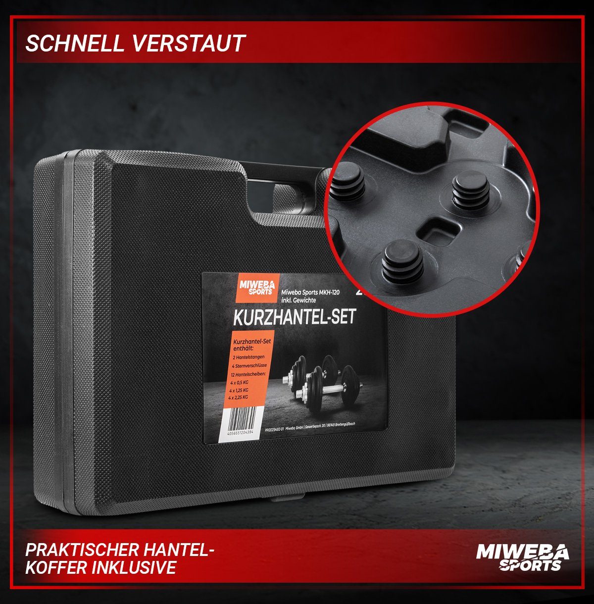 Miweba Sports Hantel-Set Profi Hantel Set MKH120 inkl. Transportkoffer - 20 kg, (Sternverschlüsse - Hantelstangen - Gusseisen & Stahl - rutschfest - Muskelaufbau - Sport - Workout, 2 x 10 kg, 12 Hantelscheiben), 19 teilig - Fitness Training Krafttrai