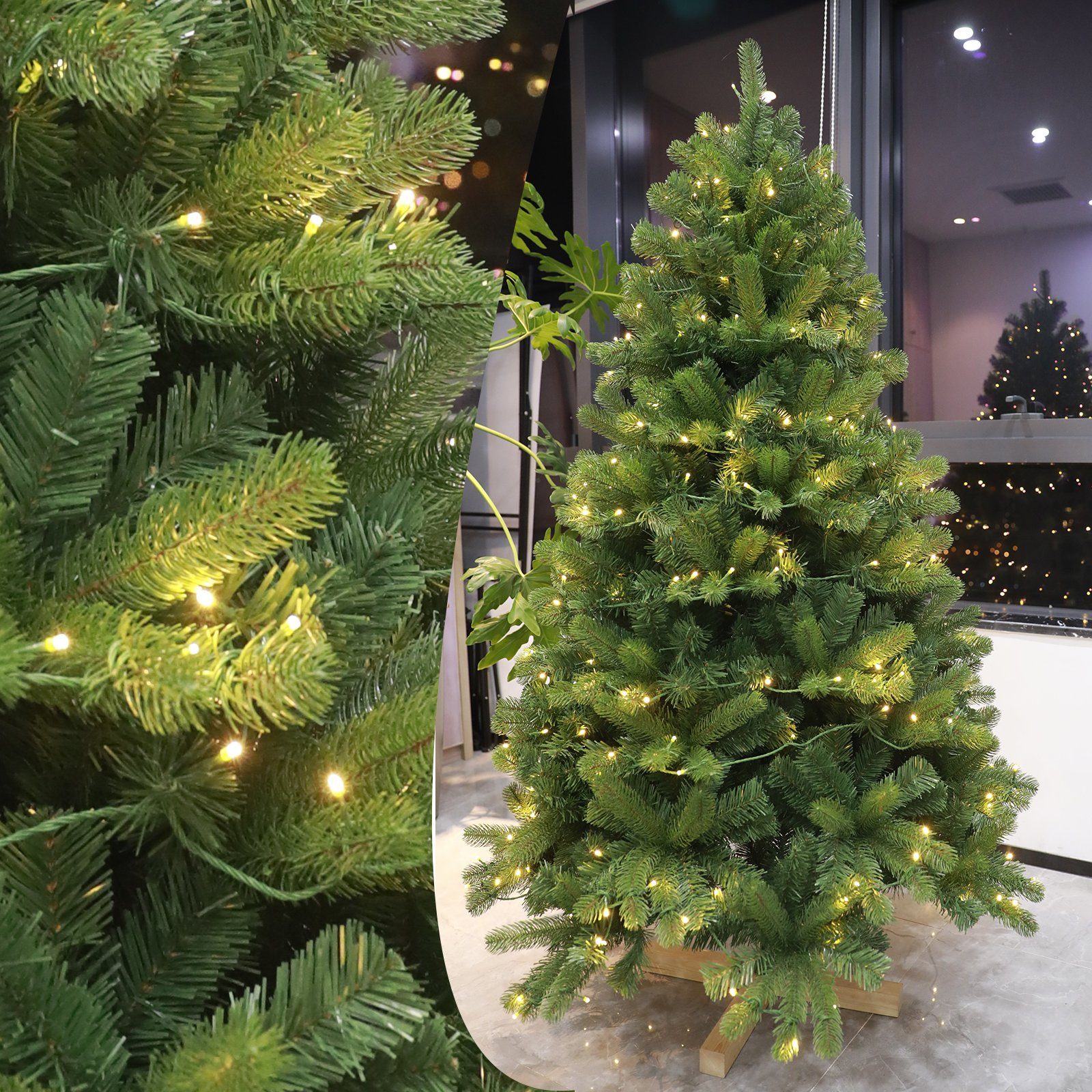 TAB Künstlicher Weihnachtsbaum PE Tannenbaum mit Holzständer Weihnachtsbaum Christbaum, Höhe 180 cm, Mit 1000 PE+PVC Spitzen, 400 warme LED-Lichter und 8 Lichtmodi