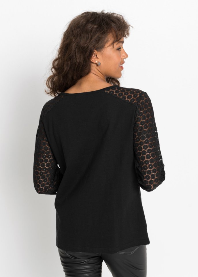 Shirt aus Flammgarn mit Ärmeln aus Spitze