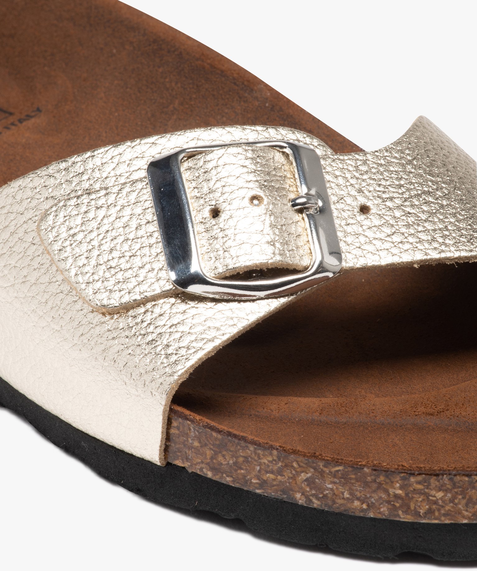 Mules femme à talon plat et bride ajustable en cuir or | GEMO