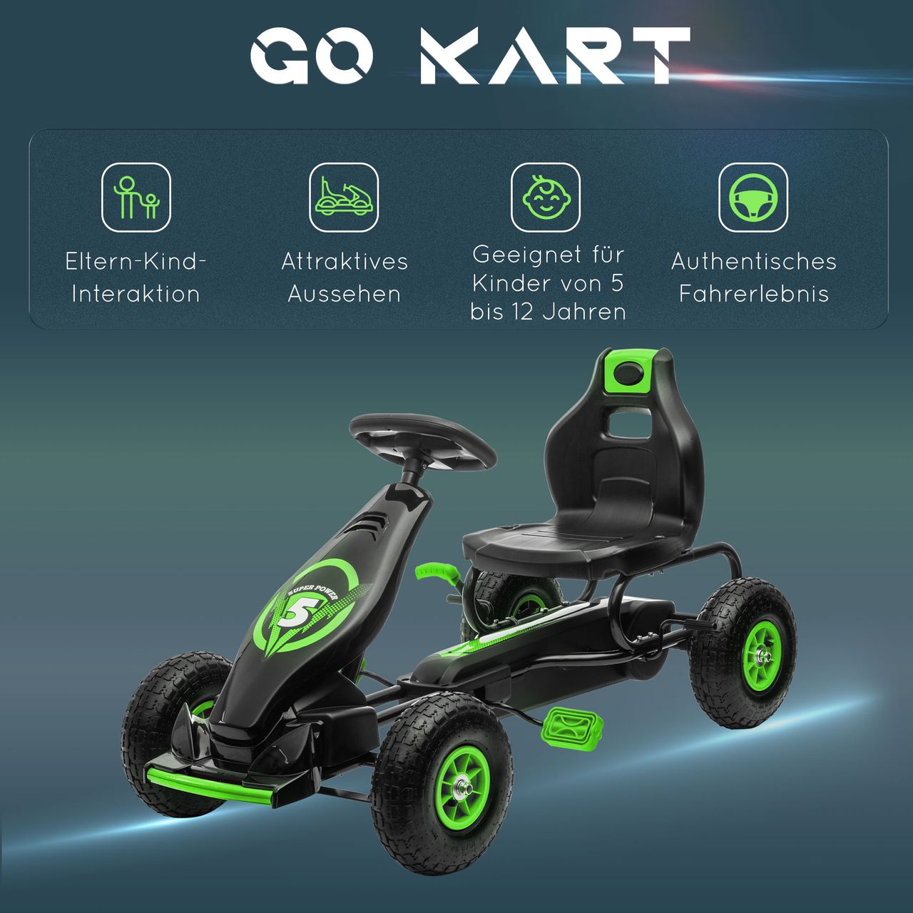 HOMCOM Gokart, Kinderfahrzeug mit Pedal, Tretauto, Outdoor, Grün Schwarz