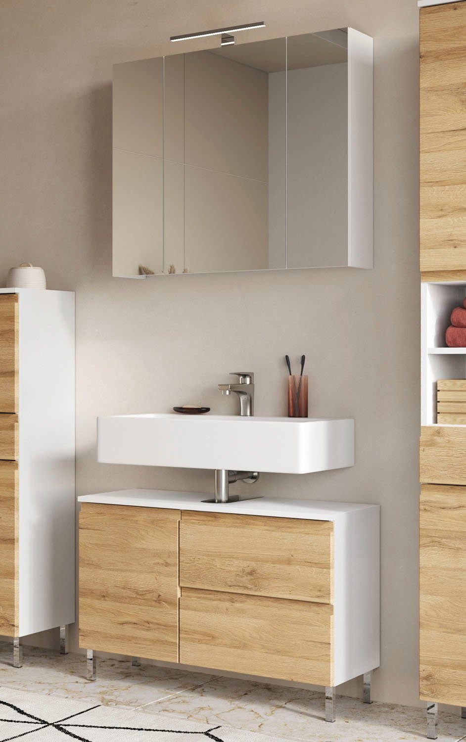 GERMANIA Badmöbel-Set Torrance, (2-St), Waschbecken-Unterschrank und Spiegelschrank mit Beleuchtung