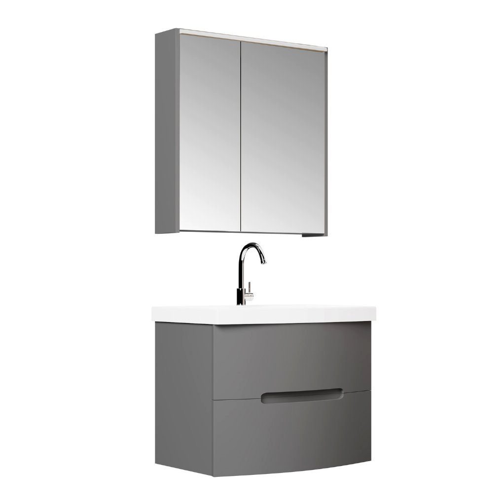Karen Badmöbel-Set Royal, (Komplett-Set, 3-Teilig (Unterschrank, Spiegelschrank, Waschbecken), 3-St., Unterschrank mit Schubladen, Spiegelschrank mit Türen & Regalen), Geschwungenes Design, Acryl-Beschichtung, Softclose, Griffmulden