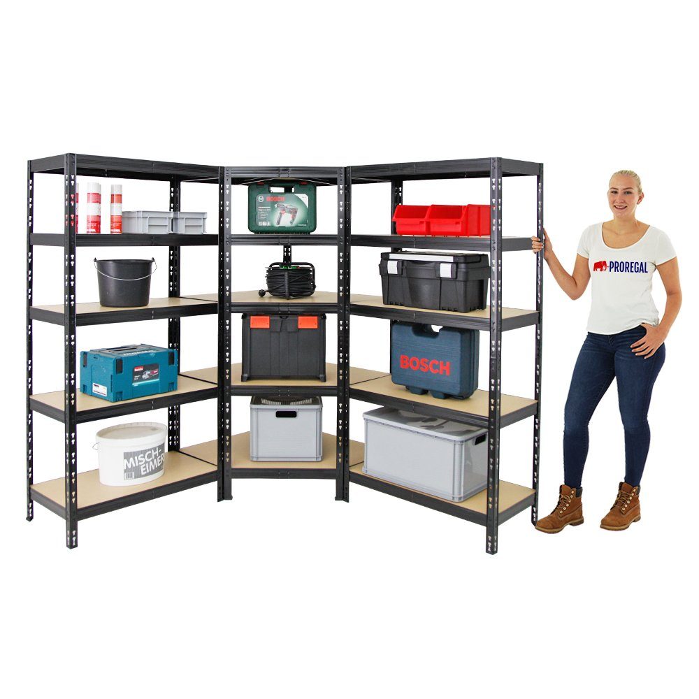 PROREGAL® Eckregal Mega Deal Tiger, 1x Eckregal + 2x Schwerlastregal 180x90x45cm, Schwarz, Fachlast von 175 kg beim Eckregal und 265 kg bei den Standregalen