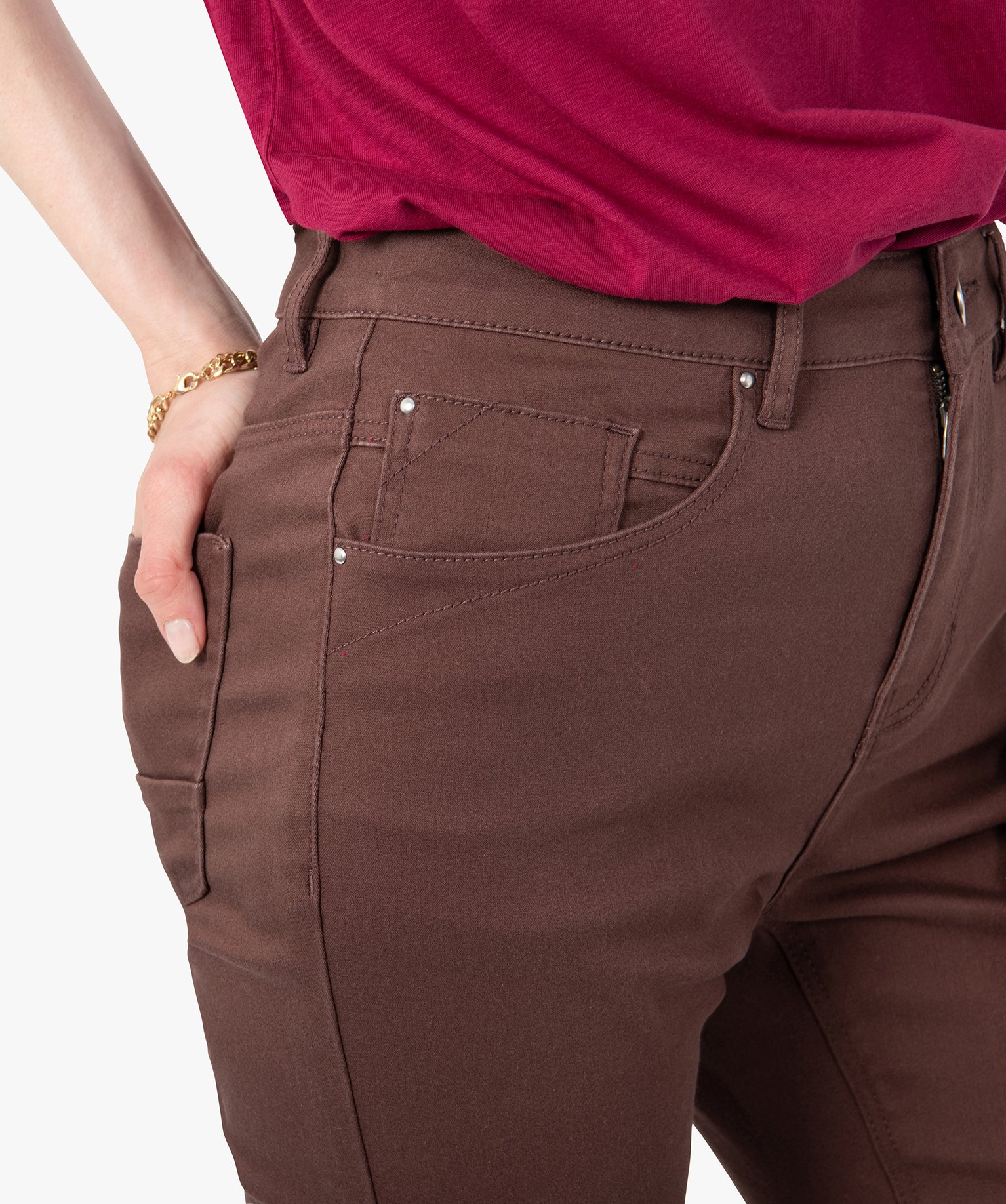 Pantalon femme en coton stretch coupe Regular marron | GEMO
