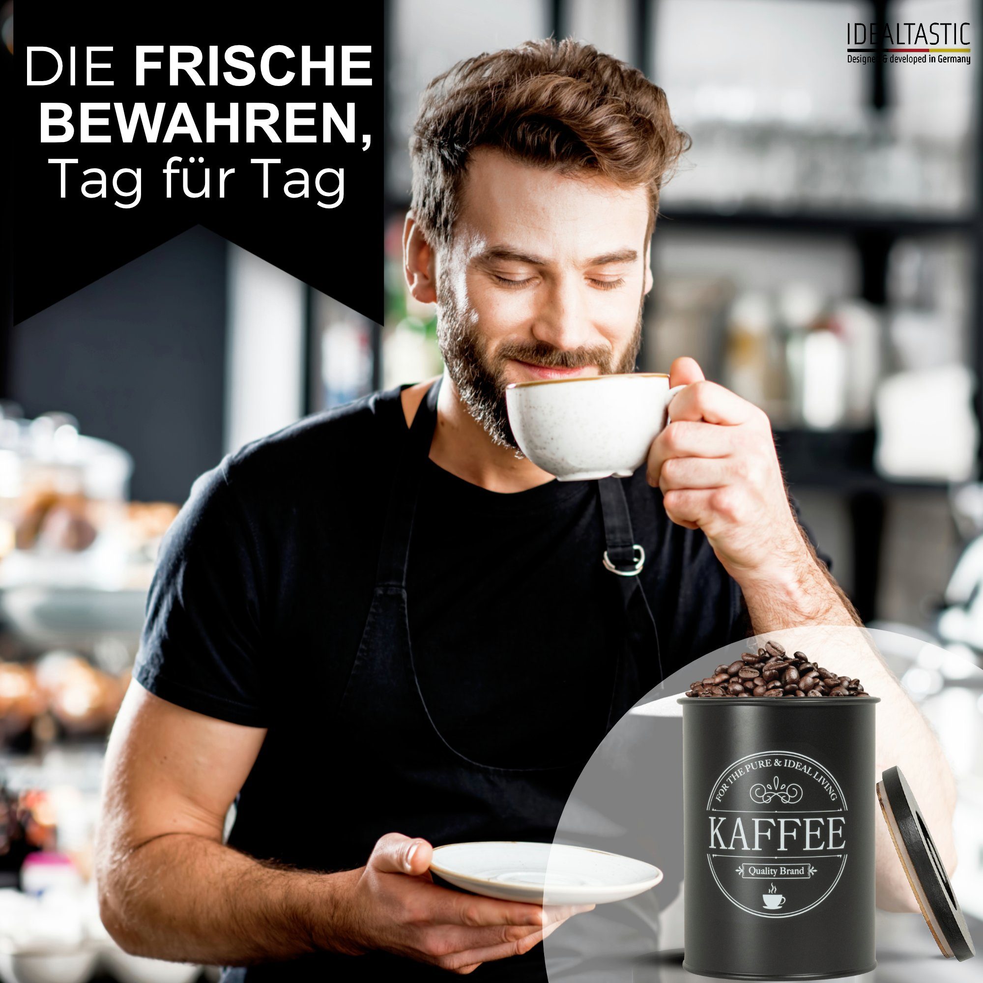 IDEALTASTIC Kaffeedose luftdicht 500g für anhaltendes Kaffeearoma, Stahl, (mit zeitsparendem Bambus-Deckel, Lebensmittelgeprüfte Kaffeedosen), Robuste Kaffeedose für gemahlenen Kaffee & Bohnen