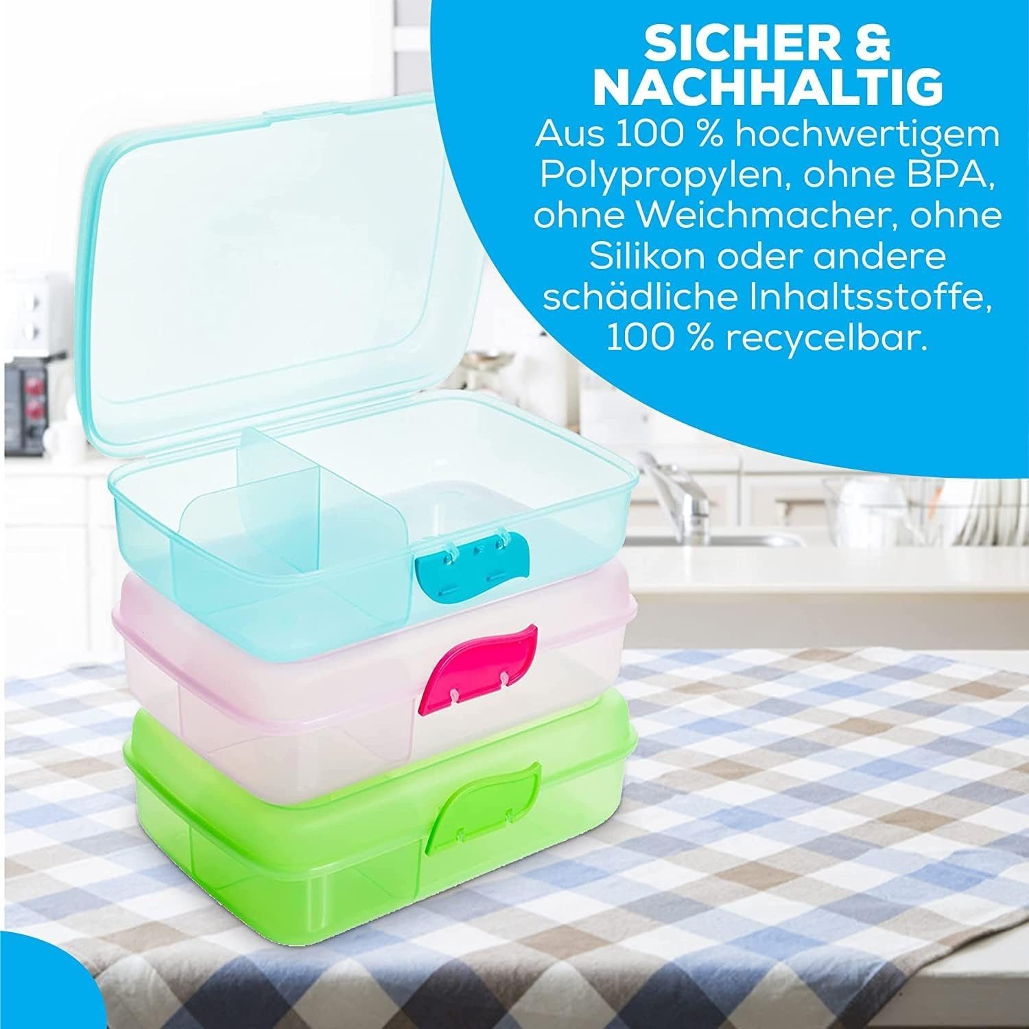 Centi Lunchbox Brotdose Kinder mit Fächern, Lunchboxen mit 3 Trennfächern, Kunststoff, (3er Set 7x21x16 cm), Frühstücksbox Brotzeitbox mit Clickverschluss