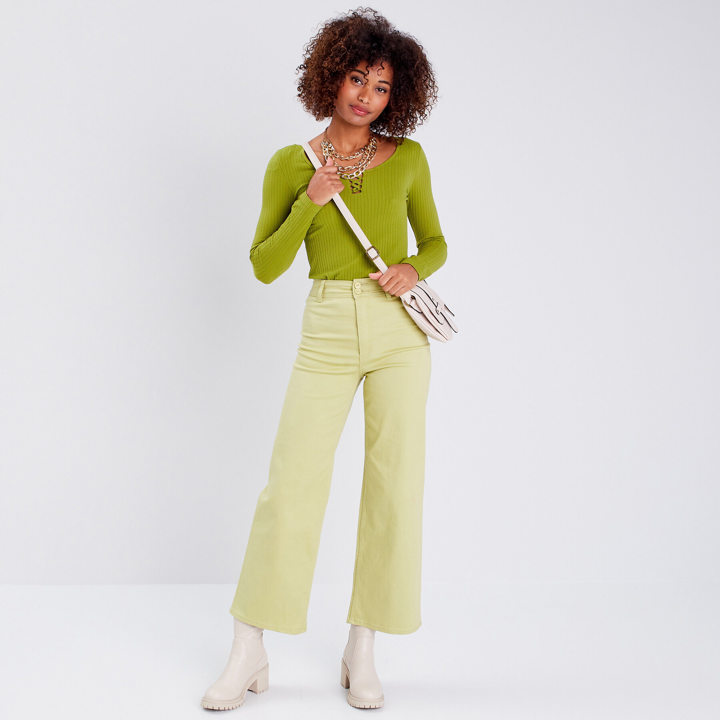 Jeans wide leg taille haute vert olive femme | Cache Cache